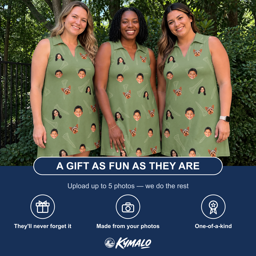 Friends in matching Women's Fairway Flair Custom Face V-Neck Dress — a group gift photo