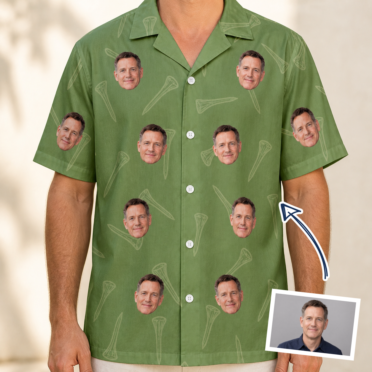 Man wearing Men's Fairway Flair Custom Face Hawaiian Shirt — custom faces printed all-over