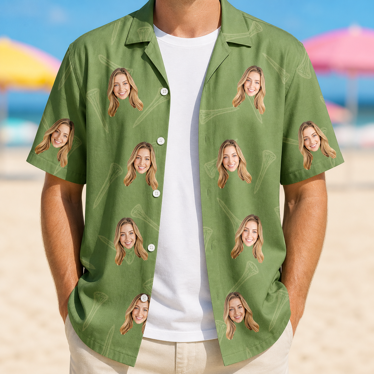 Man wearing Men's Fairway Flair Custom Face Hawaiian Shirt open over a white tee