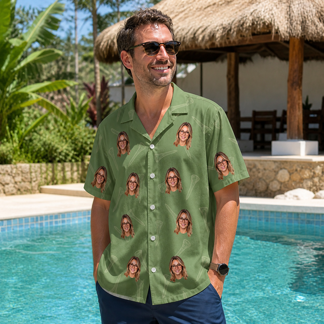 Real-life photo of someone wearing Men's Fairway Flair Custom Face Hawaiian Shirt — custom faces printed all-over
