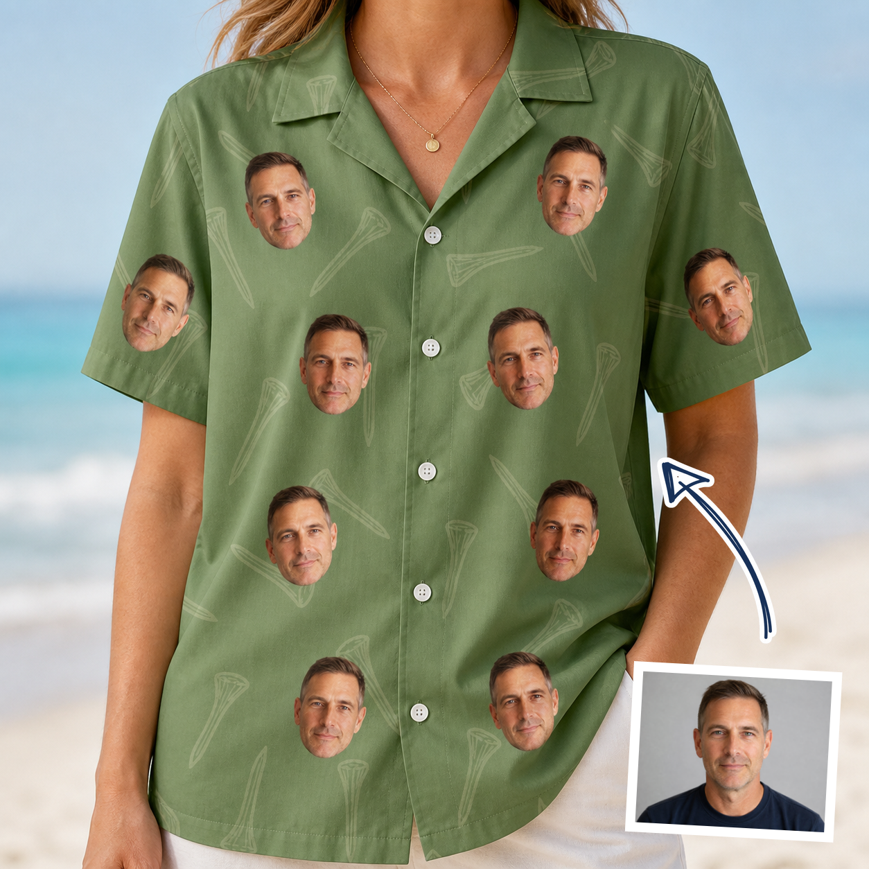 Woman wearing Women's Fairway Flair Custom Face Hawaiian Shirt — custom faces printed all-over