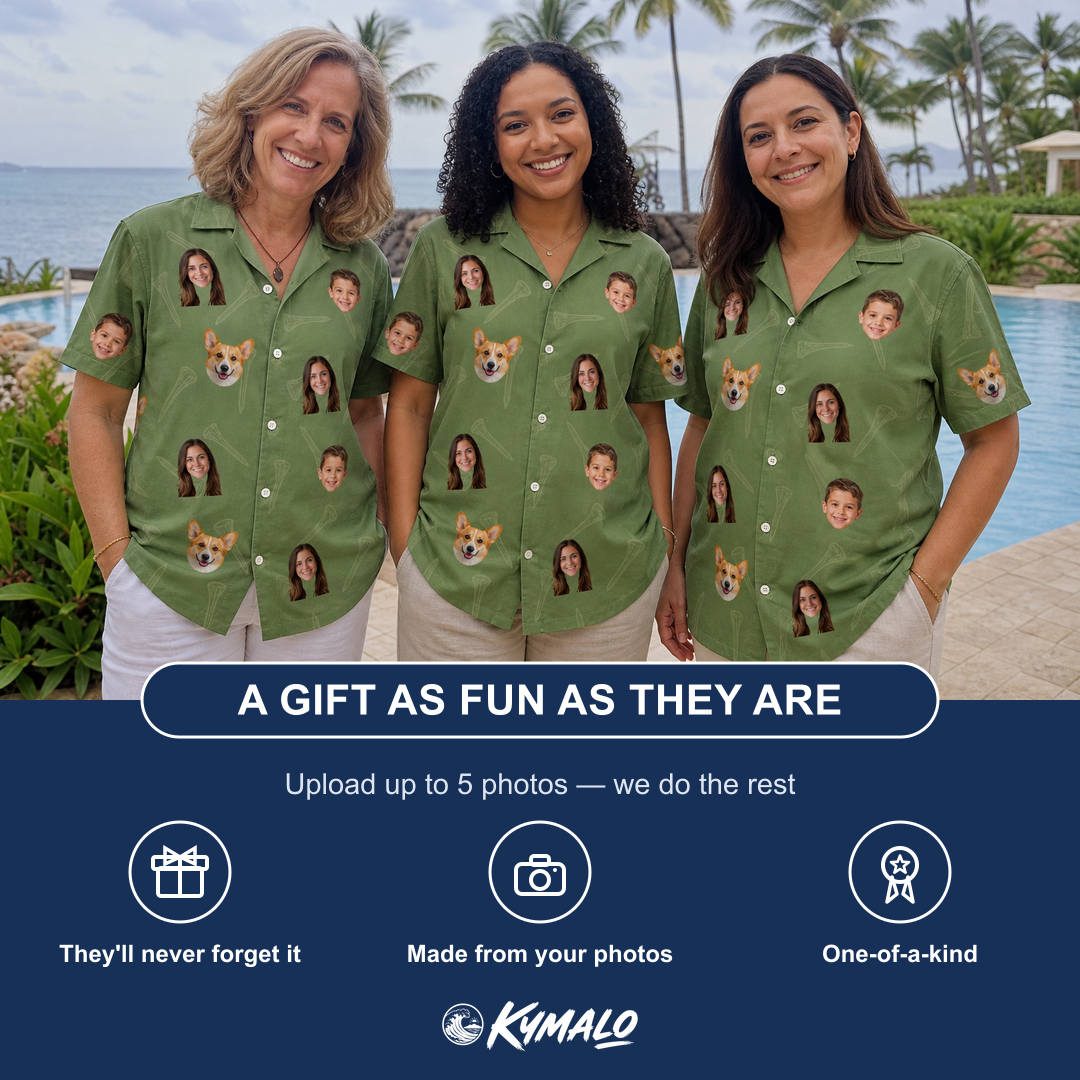 Friends in matching Women's Fairway Flair Custom Face Hawaiian Shirt — a group gift photo
