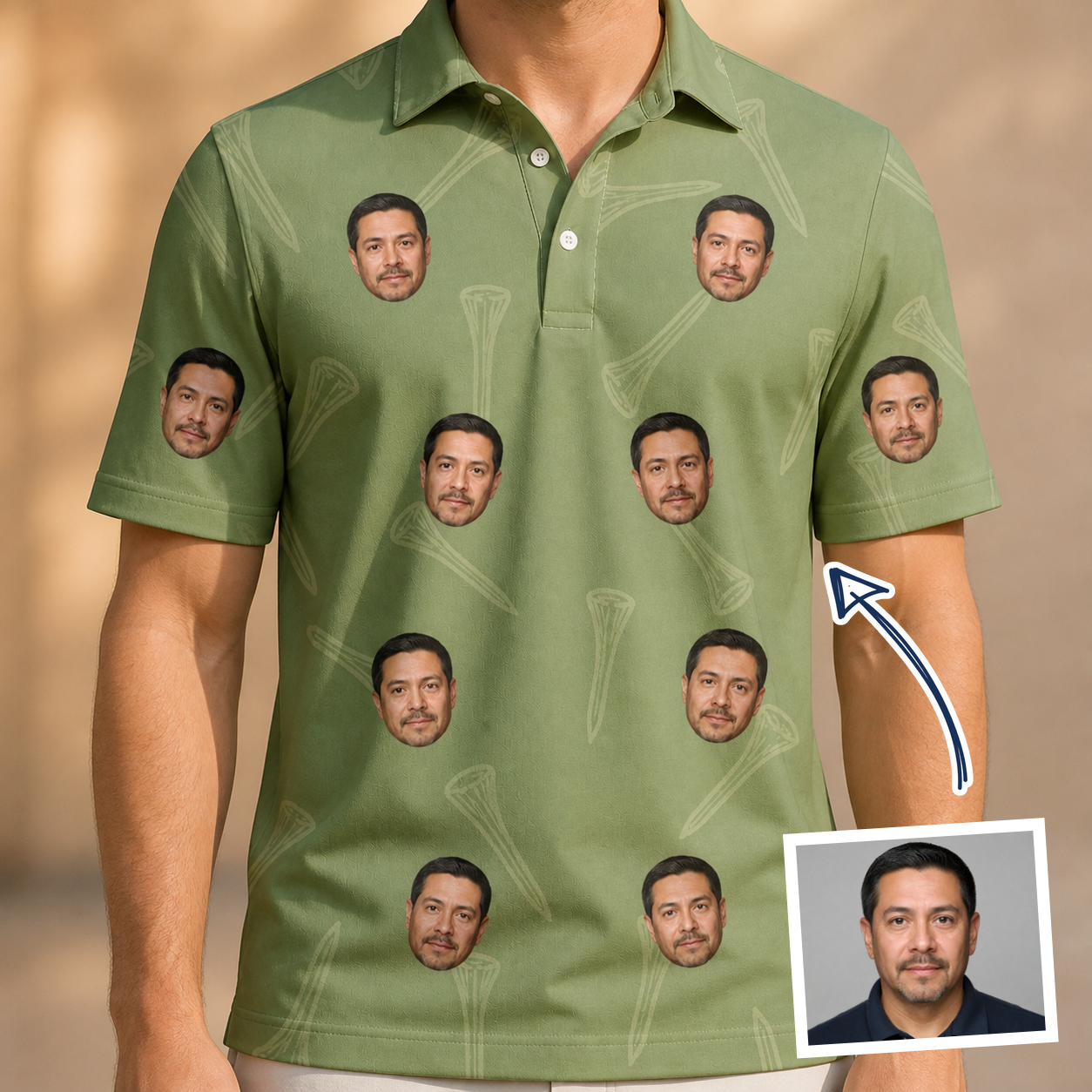 Man wearing Men's Fairway Flair Custom Face Polo Shirt — custom faces printed all-over