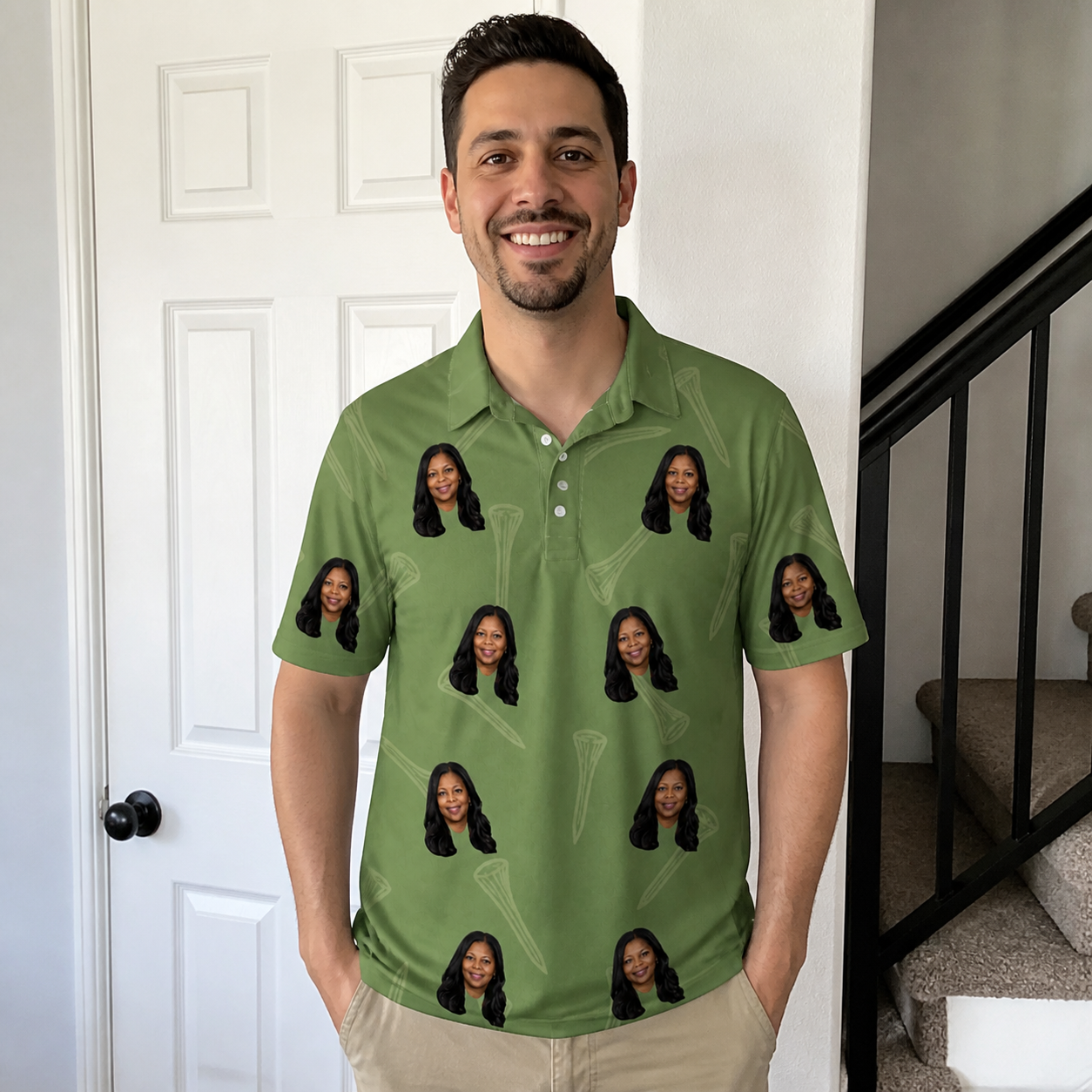 Real-life photo of someone wearing Men's Fairway Flair Custom Face Polo Shirt — custom faces printed all-over