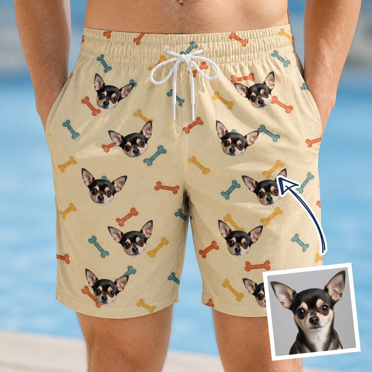 Man wearing Men's Chewsy Chompers Custom Dog Face Beach Shorts — custom faces printed all-over