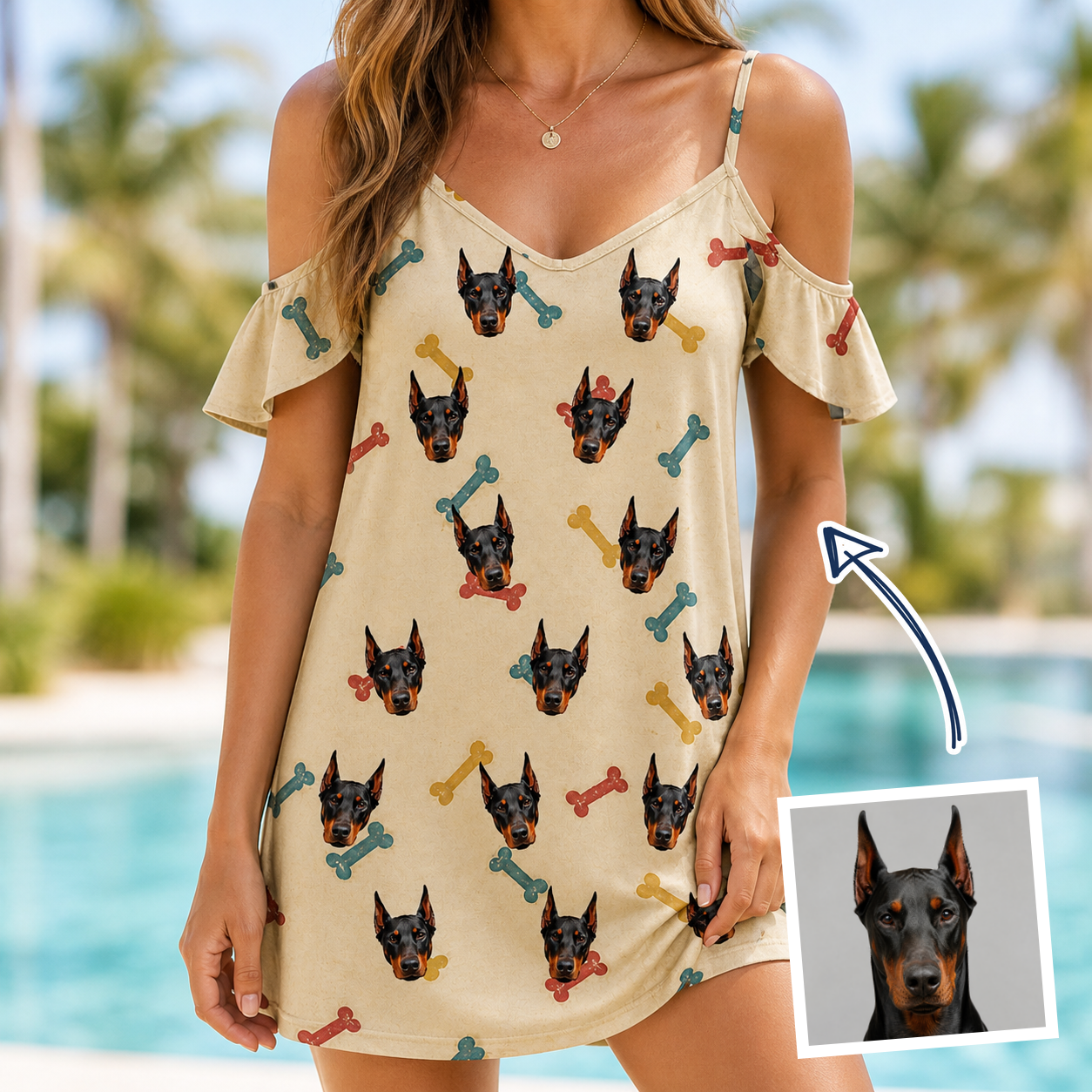 Woman wearing Women's Chewsy Chompers Custom Dog Face Off-Shoulder Dress — custom faces printed all-over
