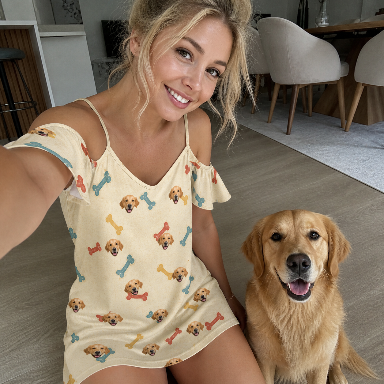Selfie with the pet whose face is printed all over this Women's Chewsy Chompers Custom Dog Face Off-Shoulder Dress