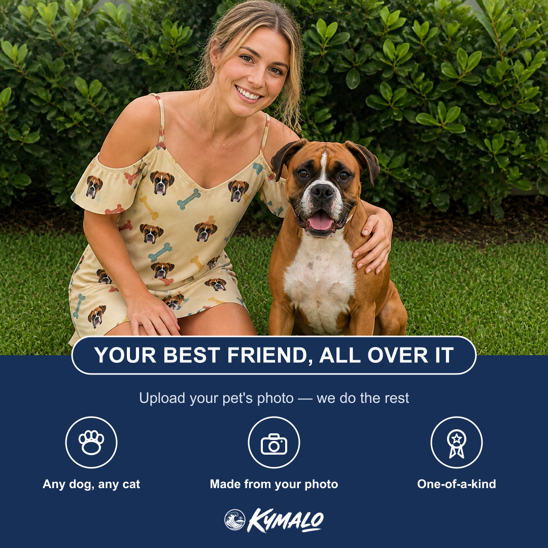 Friends in matching Women's Chewsy Chompers Custom Dog Face Off-Shoulder Dress — a group gift photo