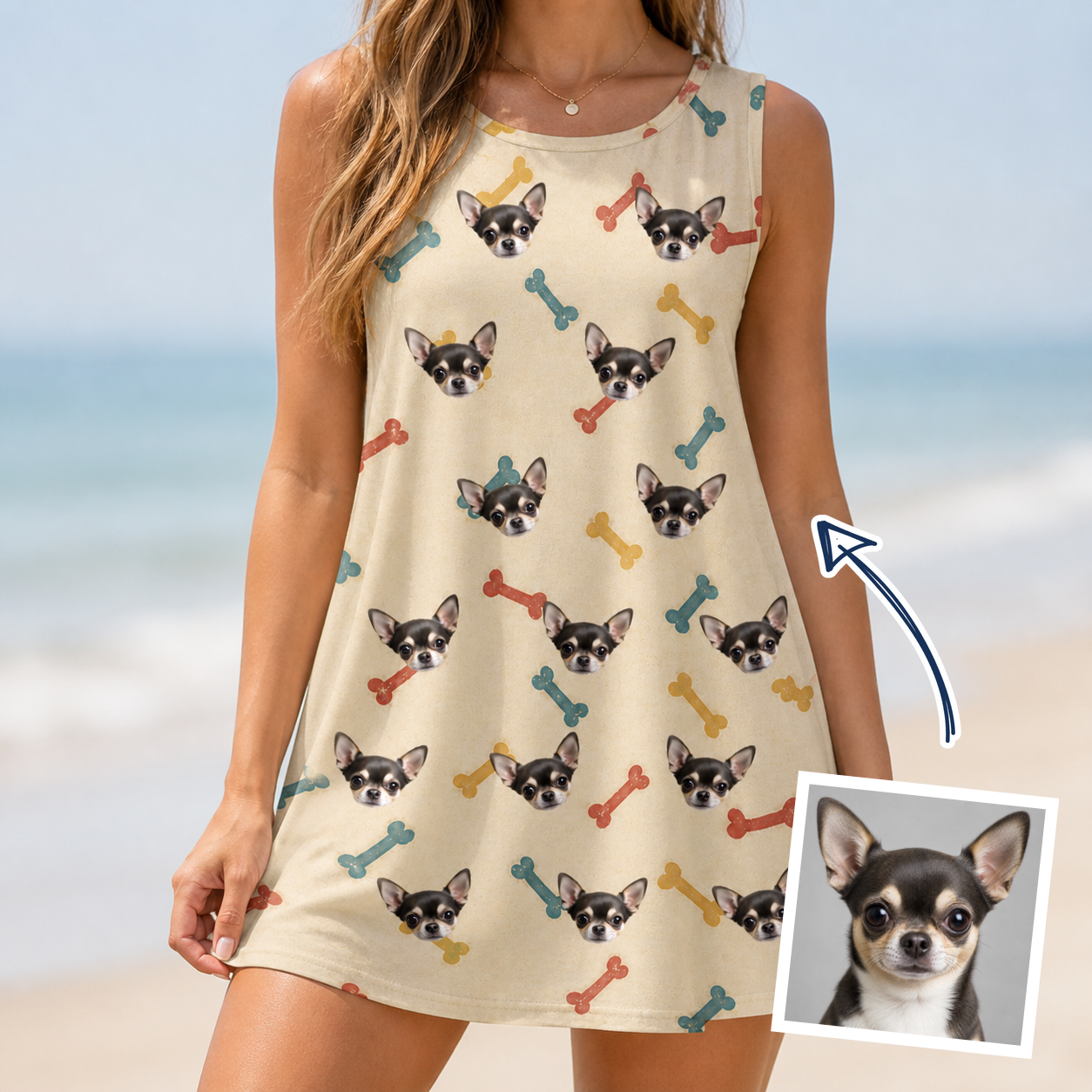 Woman wearing Women's Chewsy Chompers Custom Dog Face Tank Dress — custom faces printed all-over