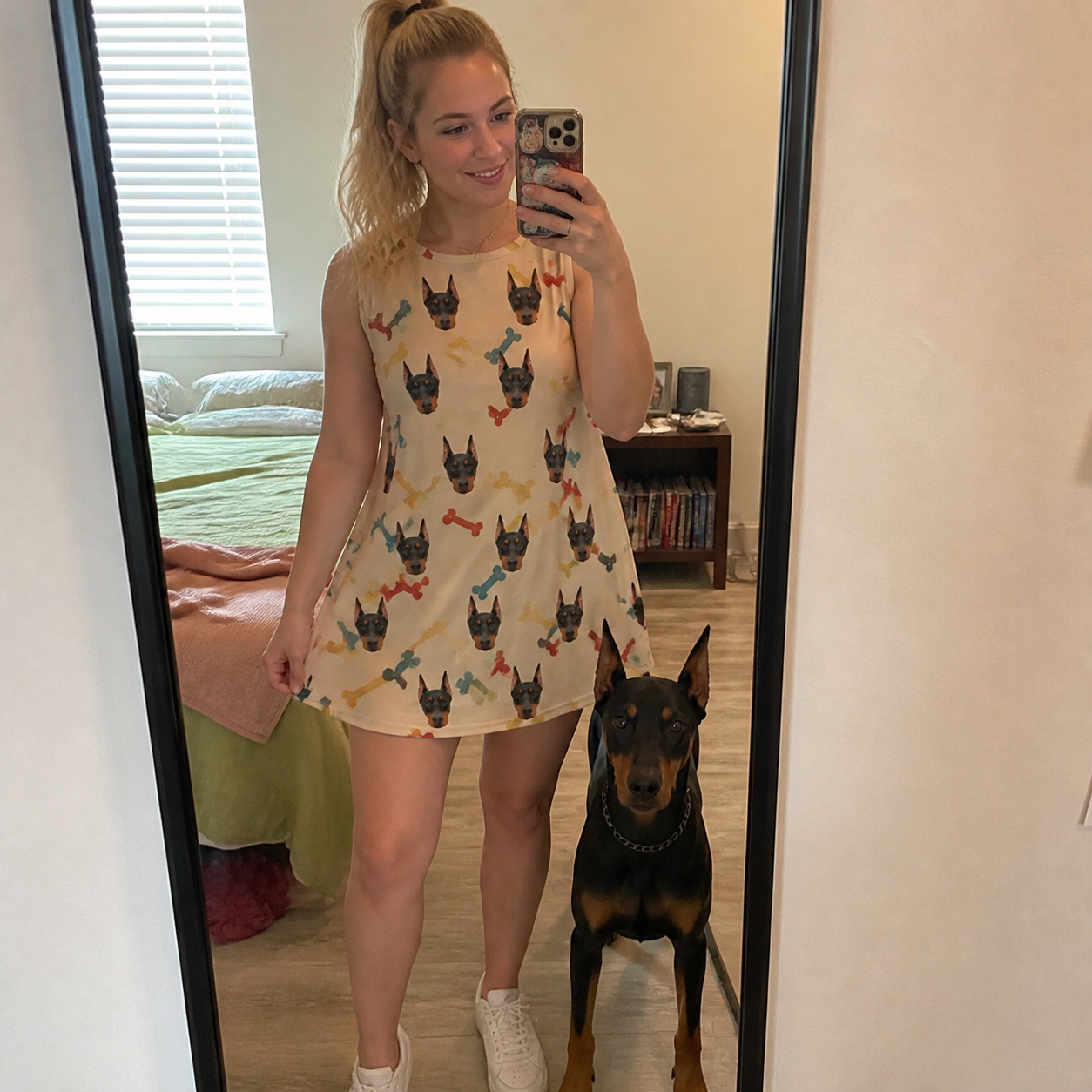 Full-length photo with the pet printed all over this Women's Chewsy Chompers Custom Dog Face Tank Dress