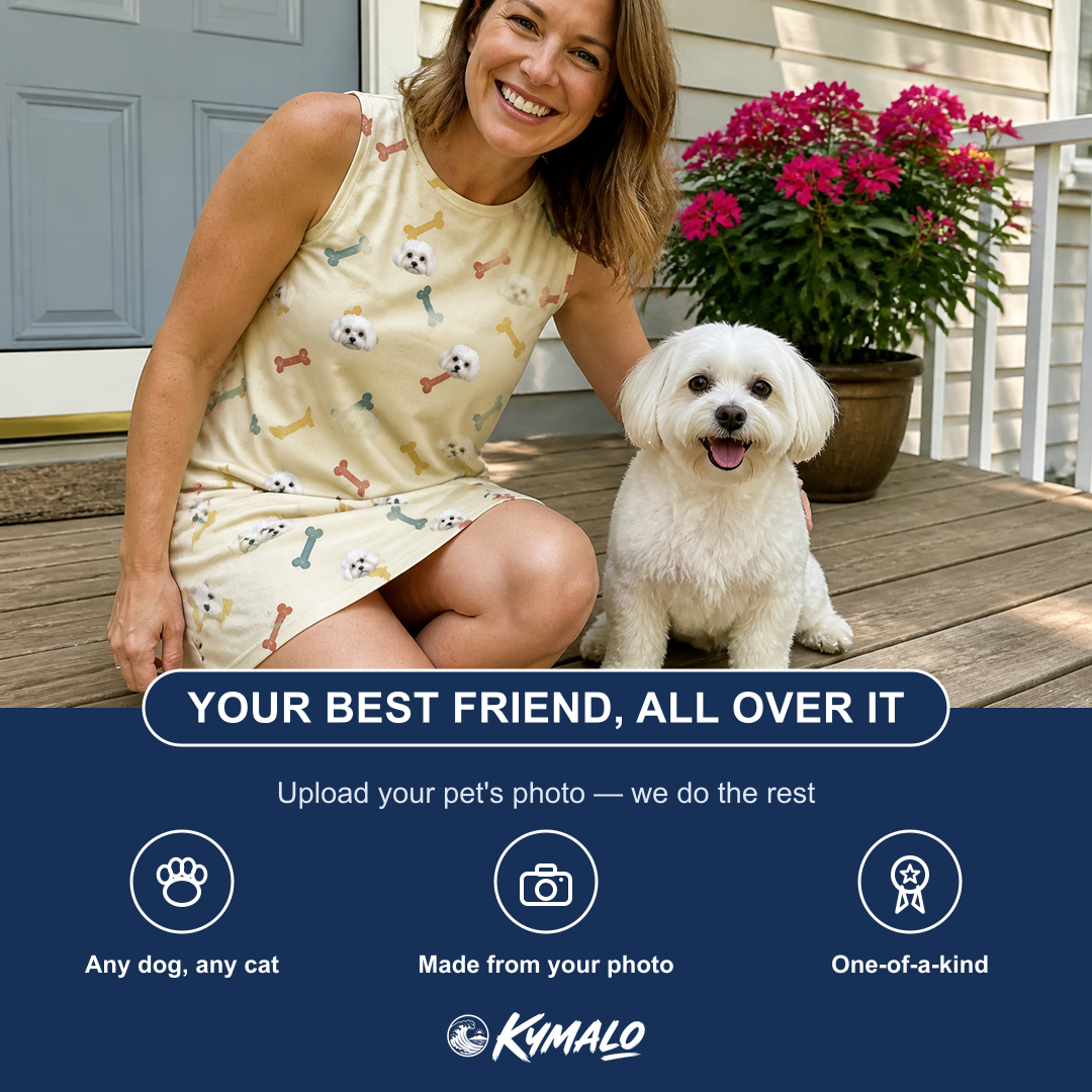 Friends in matching Women's Chewsy Chompers Custom Dog Face Tank Dress — a group gift photo