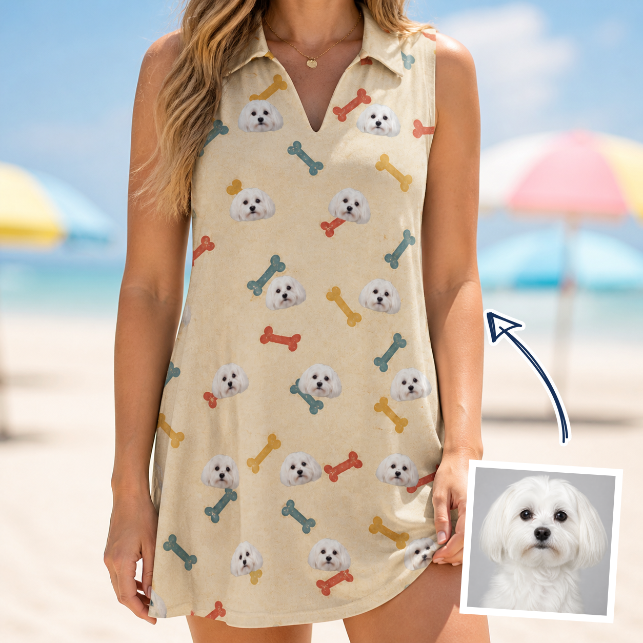 Woman wearing Women's Chewsy Chompers Custom Dog Face V-Neck Dress — custom faces printed all-over