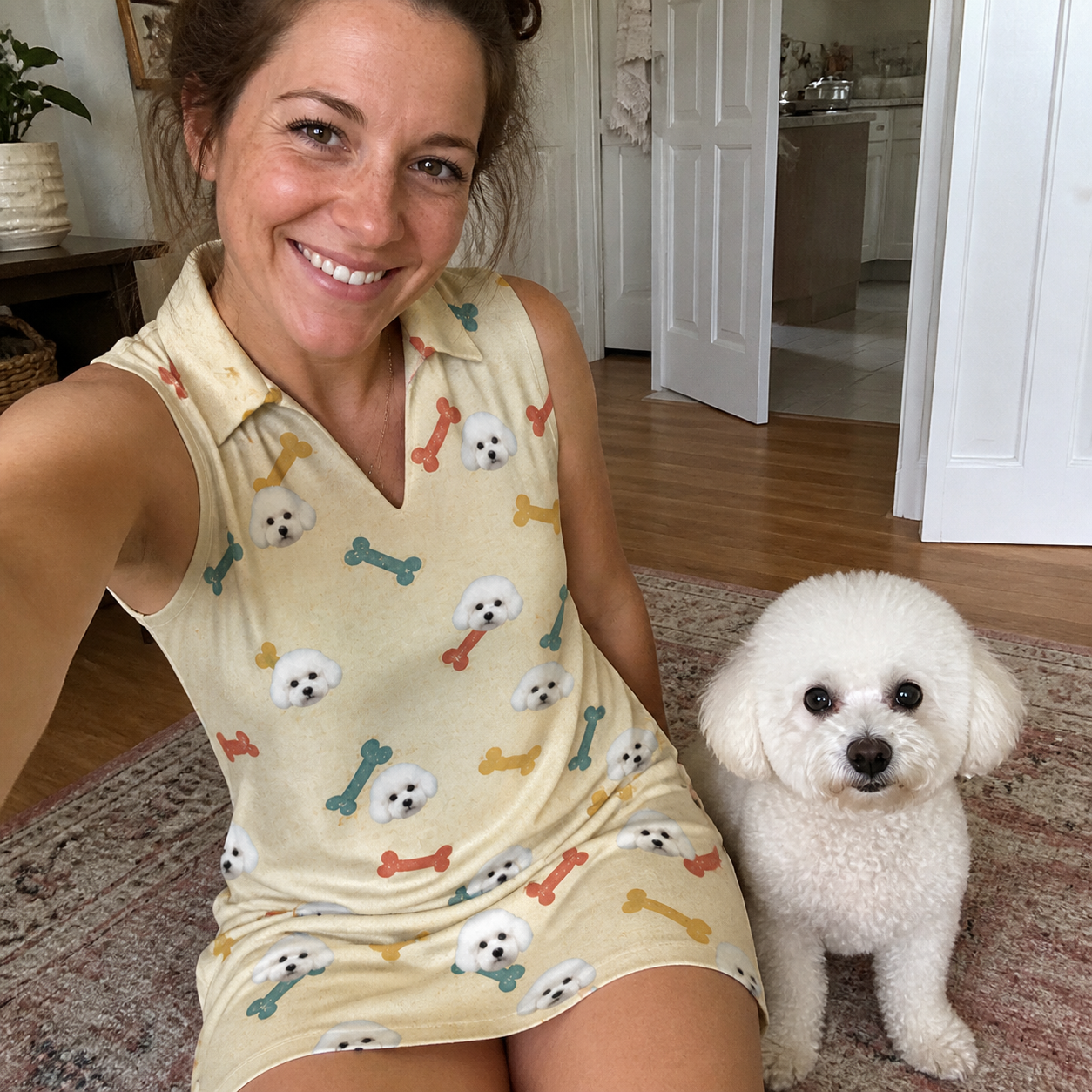 Selfie with the pet whose face is printed all over this Women's Chewsy Chompers Custom Dog Face V-Neck Dress