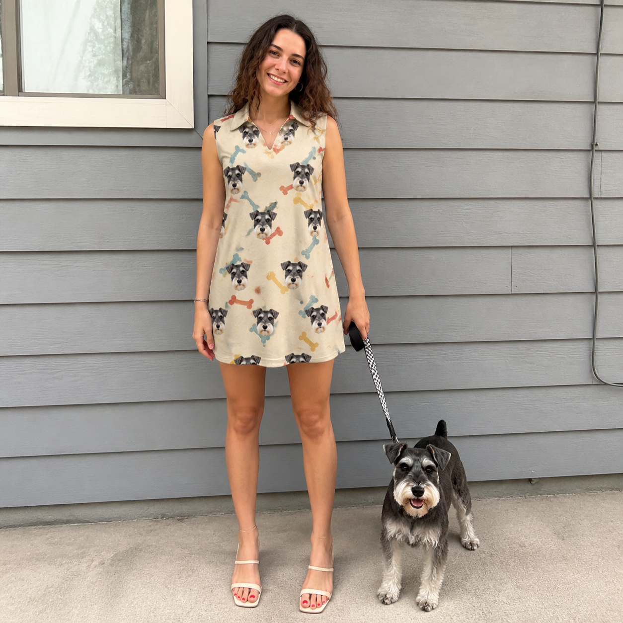 Full-length photo with the pet printed all over this Women's Chewsy Chompers Custom Dog Face V-Neck Dress