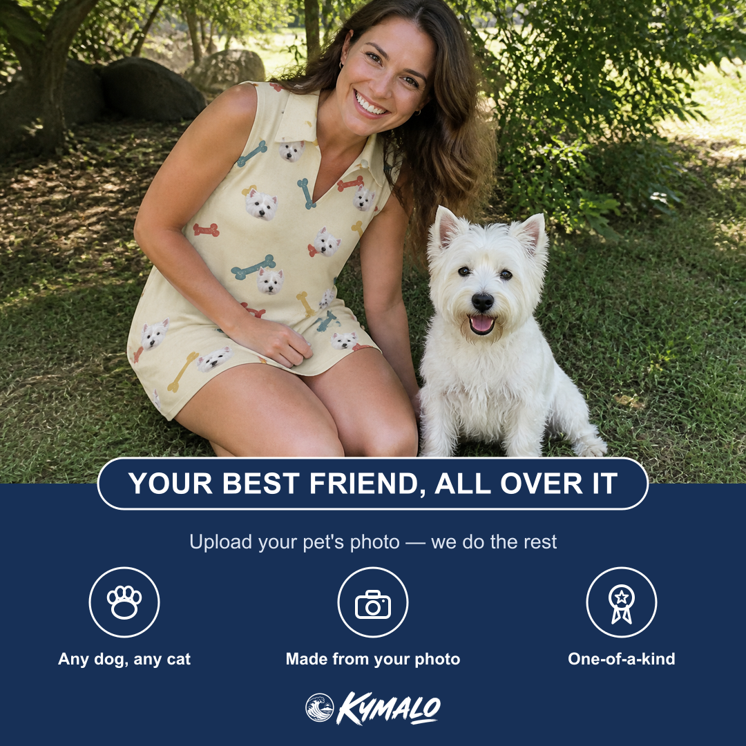 Friends in matching Women's Chewsy Chompers Custom Dog Face V-Neck Dress — a group gift photo