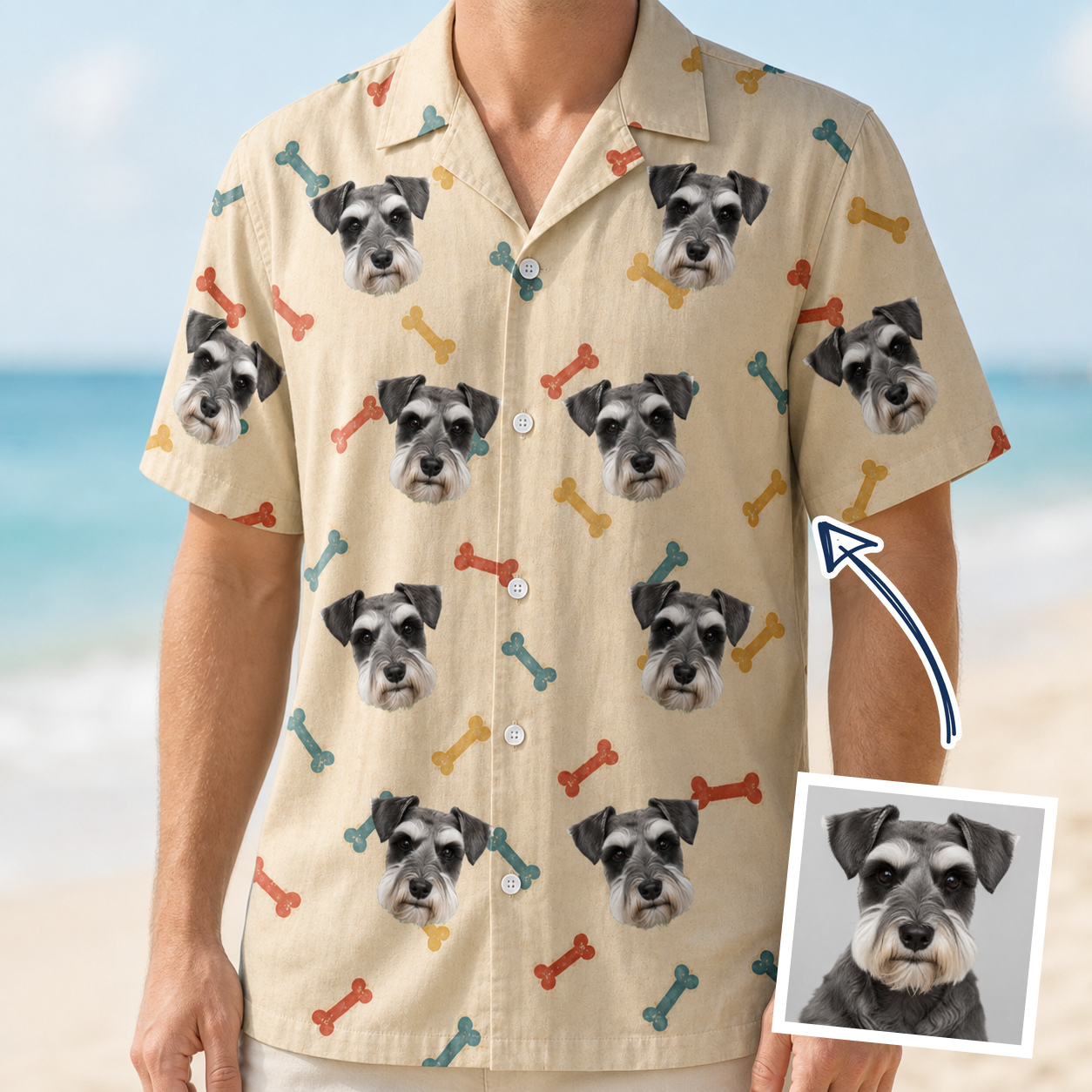 Man wearing Men's Chewsy Chompers Custom Dog Face Hawaiian Shirt — custom faces printed all-over