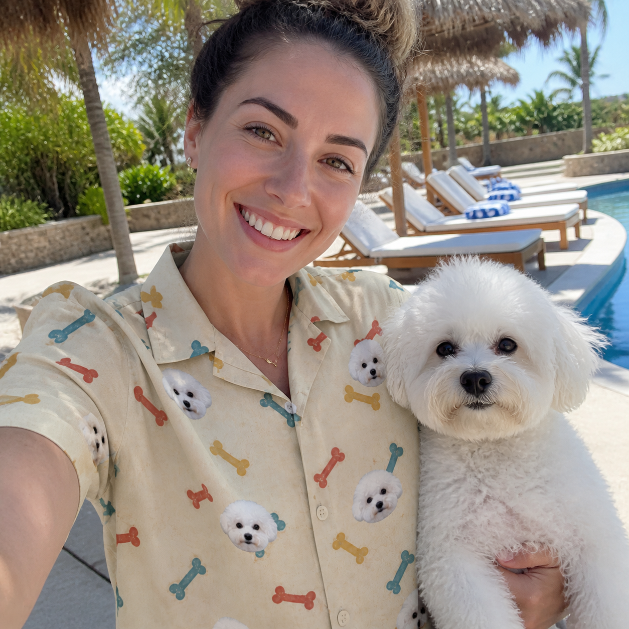 Selfie with the pet whose face is printed all over this Women's Chewsy Chompers Custom Dog Face Hawaiian Shirt