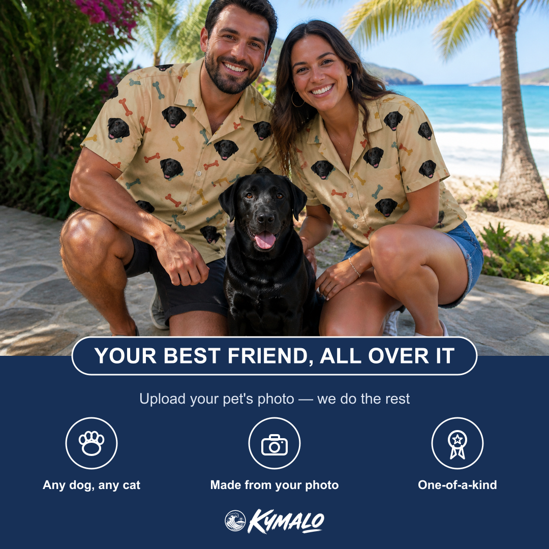 Friends in matching Women's Chewsy Chompers Custom Dog Face Hawaiian Shirt — a group gift photo