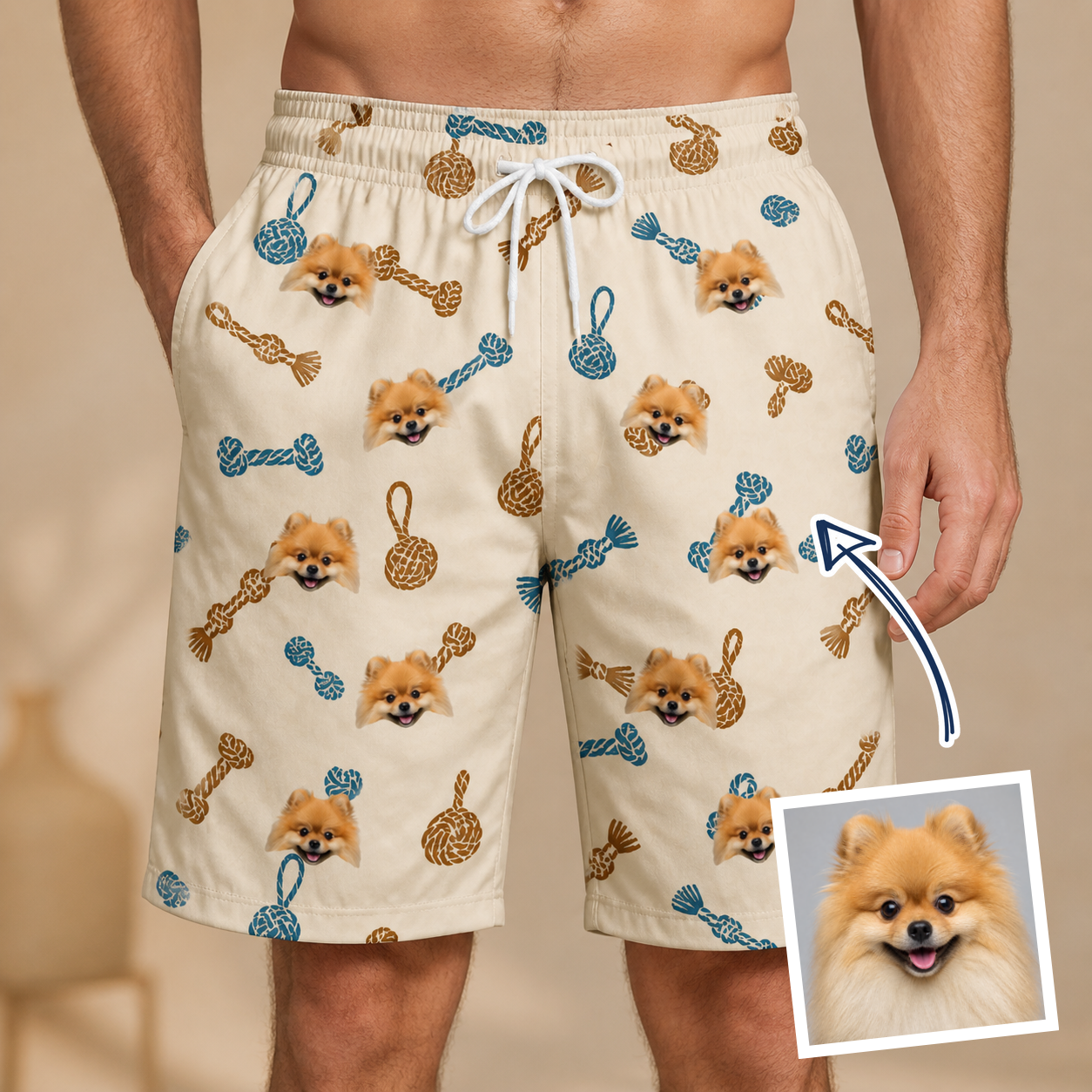 Man wearing Men's Knotty Companions Custom Dog Face Beach Shorts — custom faces printed all-over