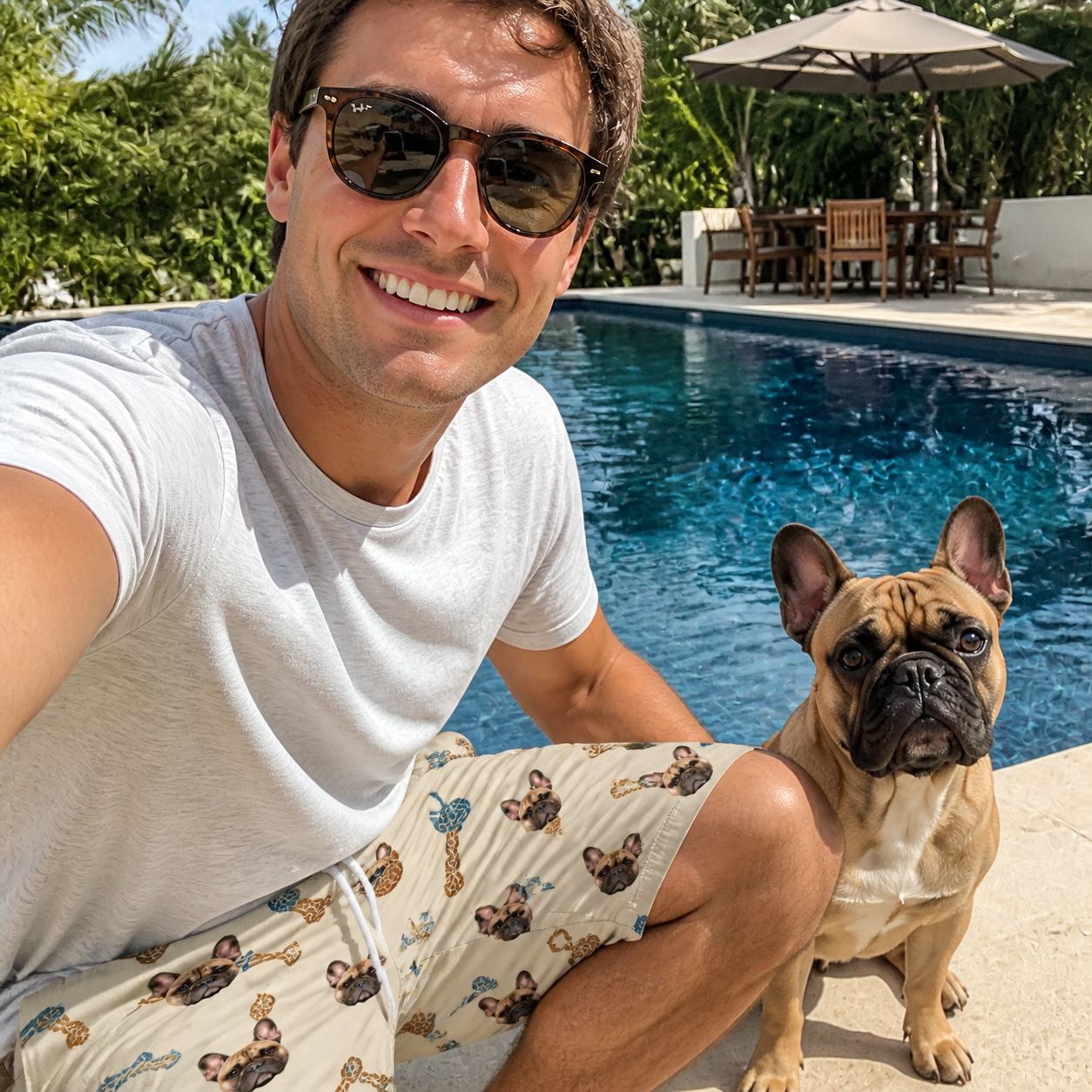 Selfie with the pet whose face is printed all over this Men's Knotty Companions Custom Dog Face Beach Shorts