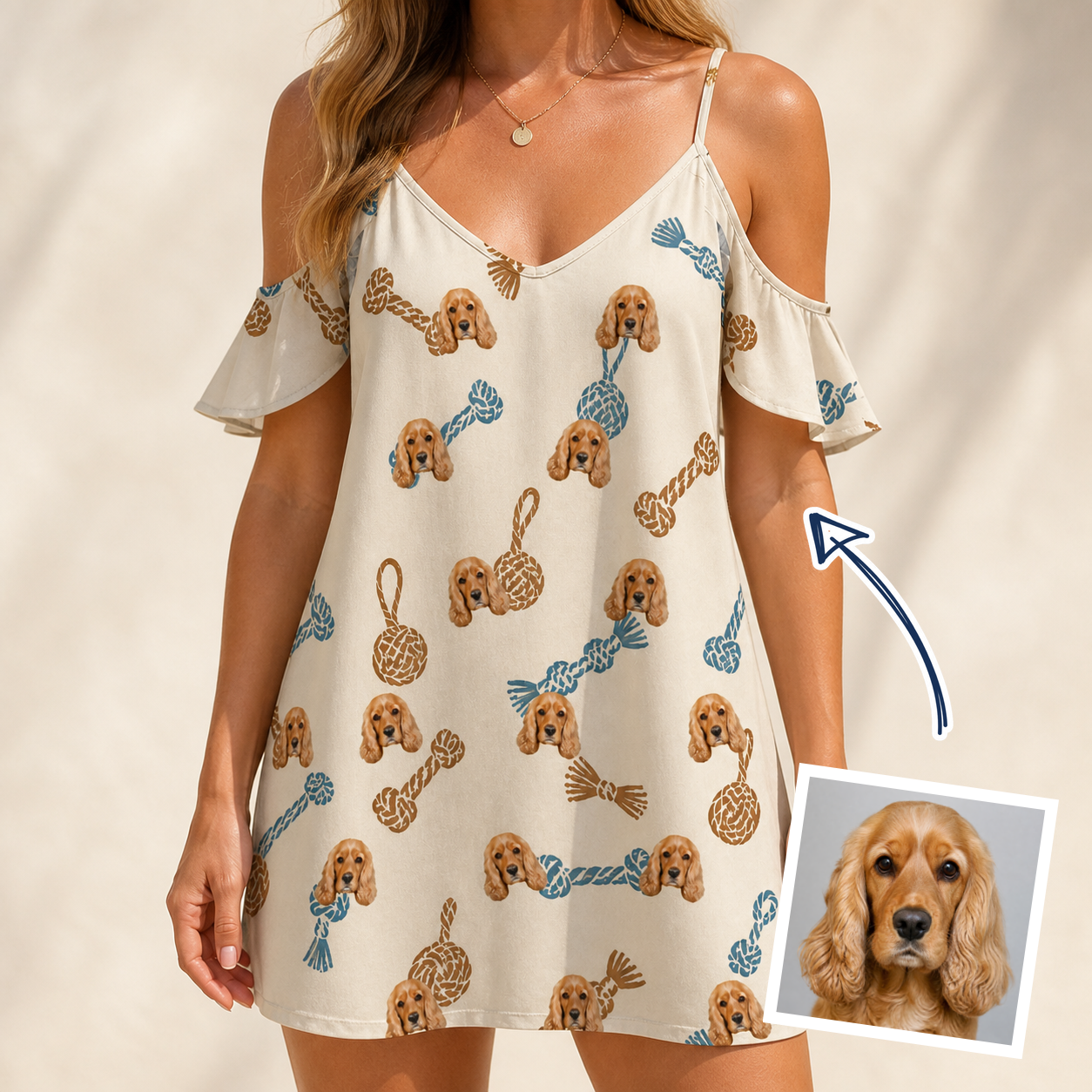 Woman wearing Women's Knotty Companions Custom Dog Face Off-Shoulder Dress — custom faces printed all-over