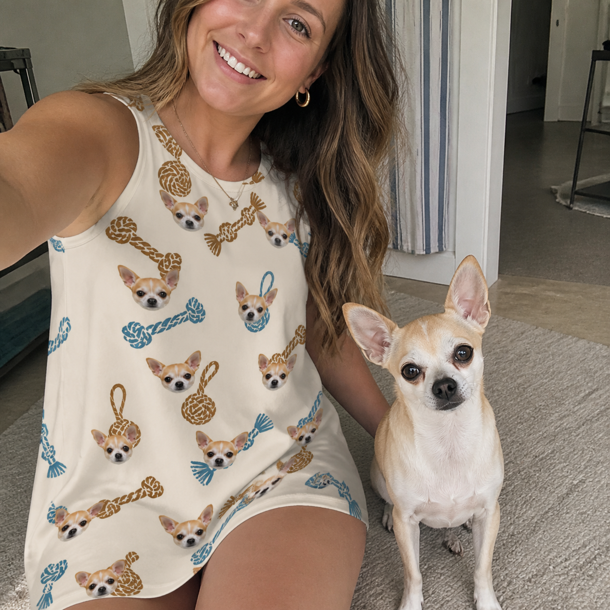 Selfie with the pet whose face is printed all over this Women's Knotty Companions Custom Dog Face Tank Dress