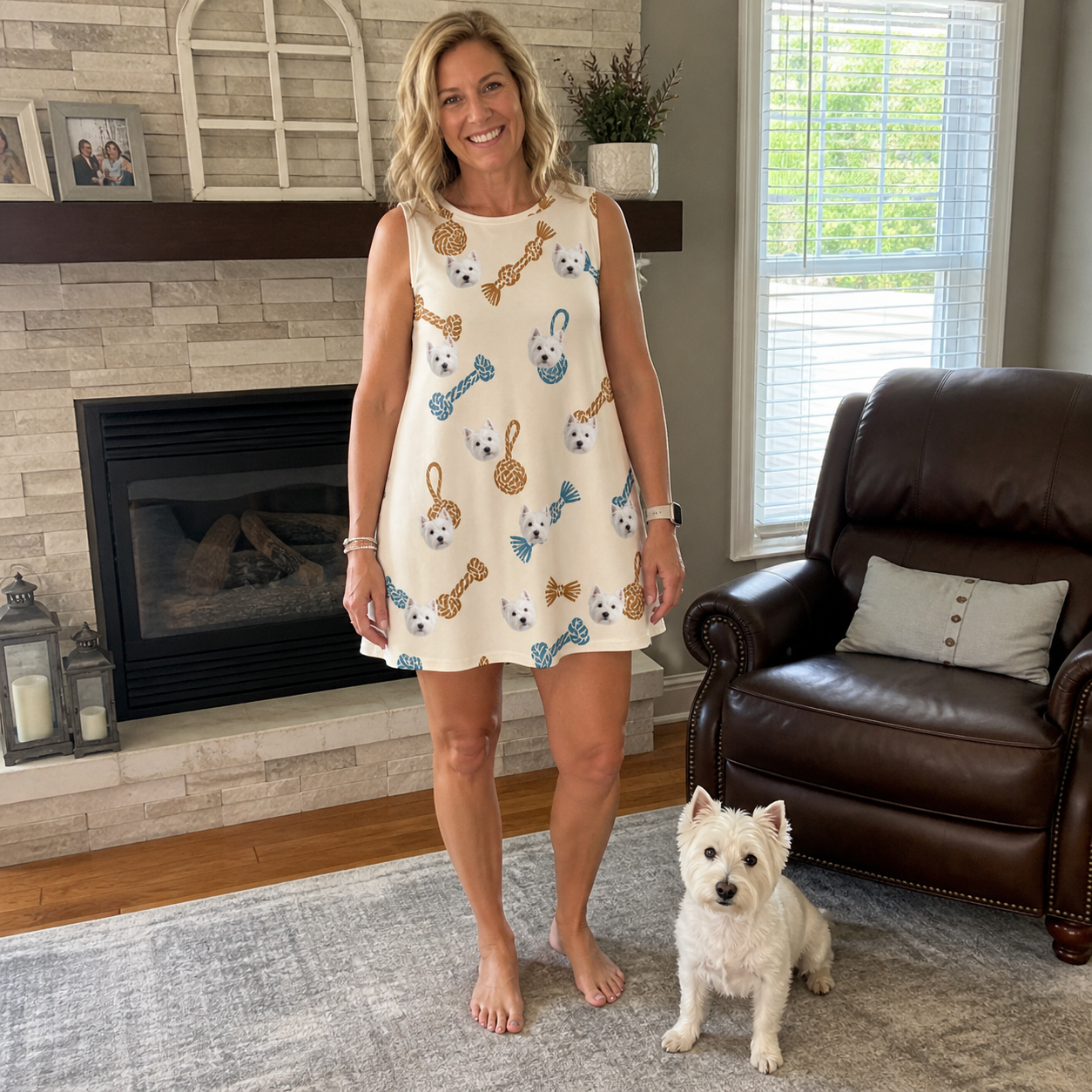 Full-length photo with the pet printed all over this Women's Knotty Companions Custom Dog Face Tank Dress