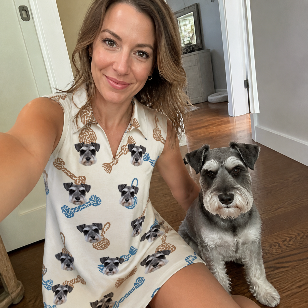 Selfie with the pet whose face is printed all over this Women's Knotty Companions Custom Dog Face V-Neck Dress