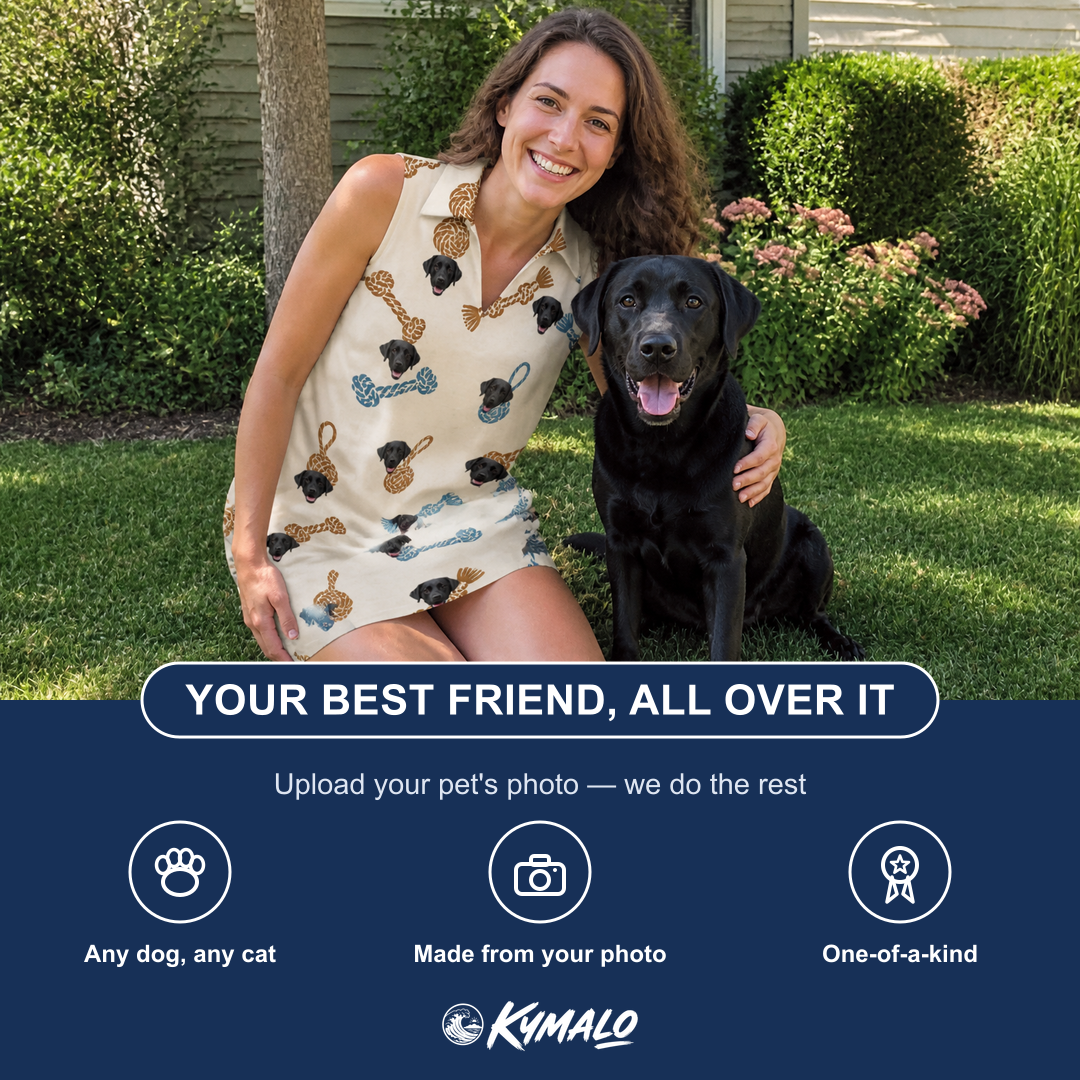 Friends in matching Women's Knotty Companions Custom Dog Face V-Neck Dress — a group gift photo