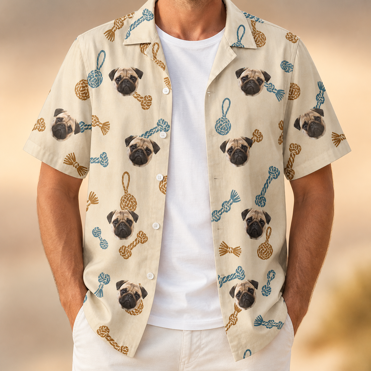 Man wearing Men's Knotty Companions Custom Dog Face Hawaiian Shirt open over a white tee