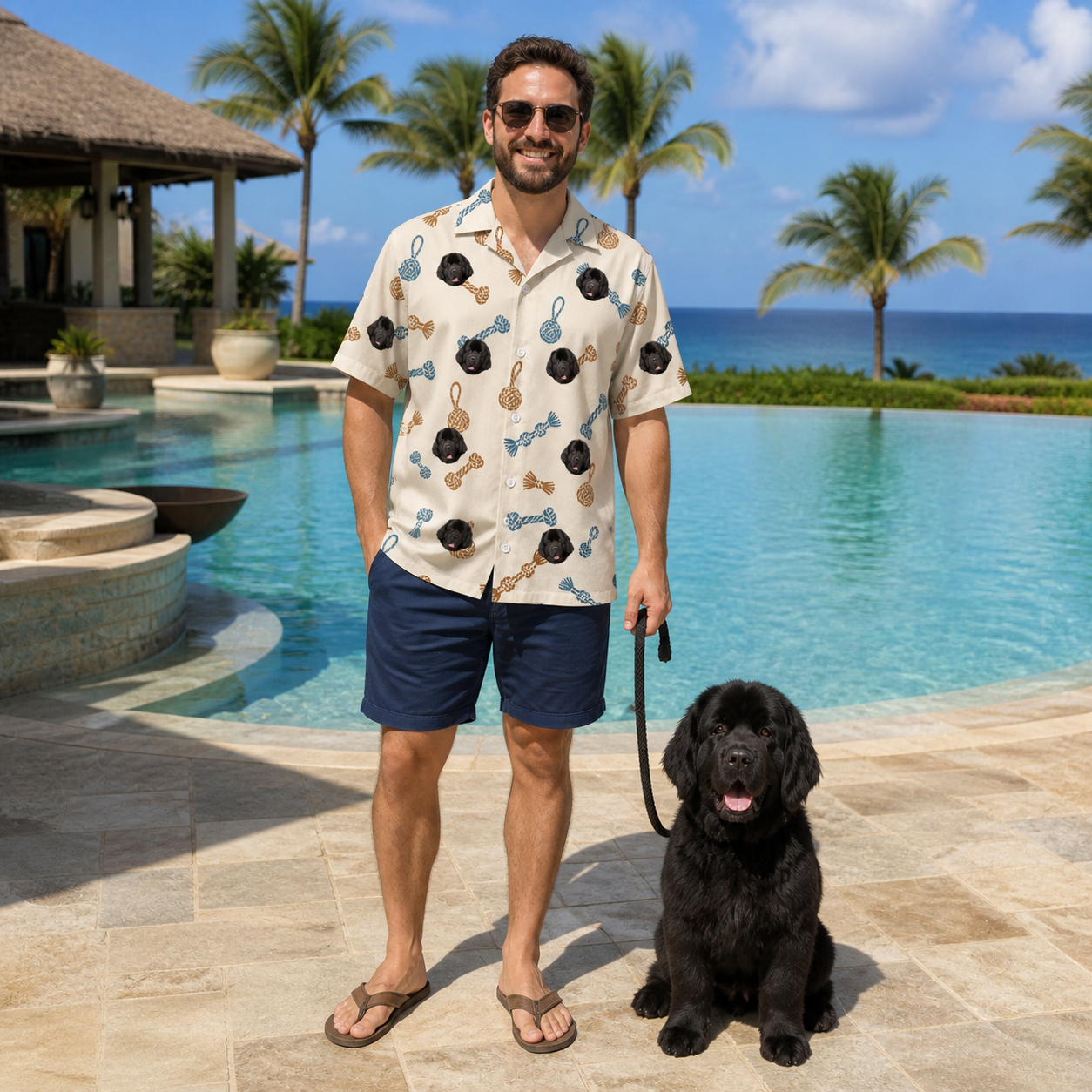 Full-length photo with the pet printed all over this Men's Knotty Companions Custom Dog Face Hawaiian Shirt