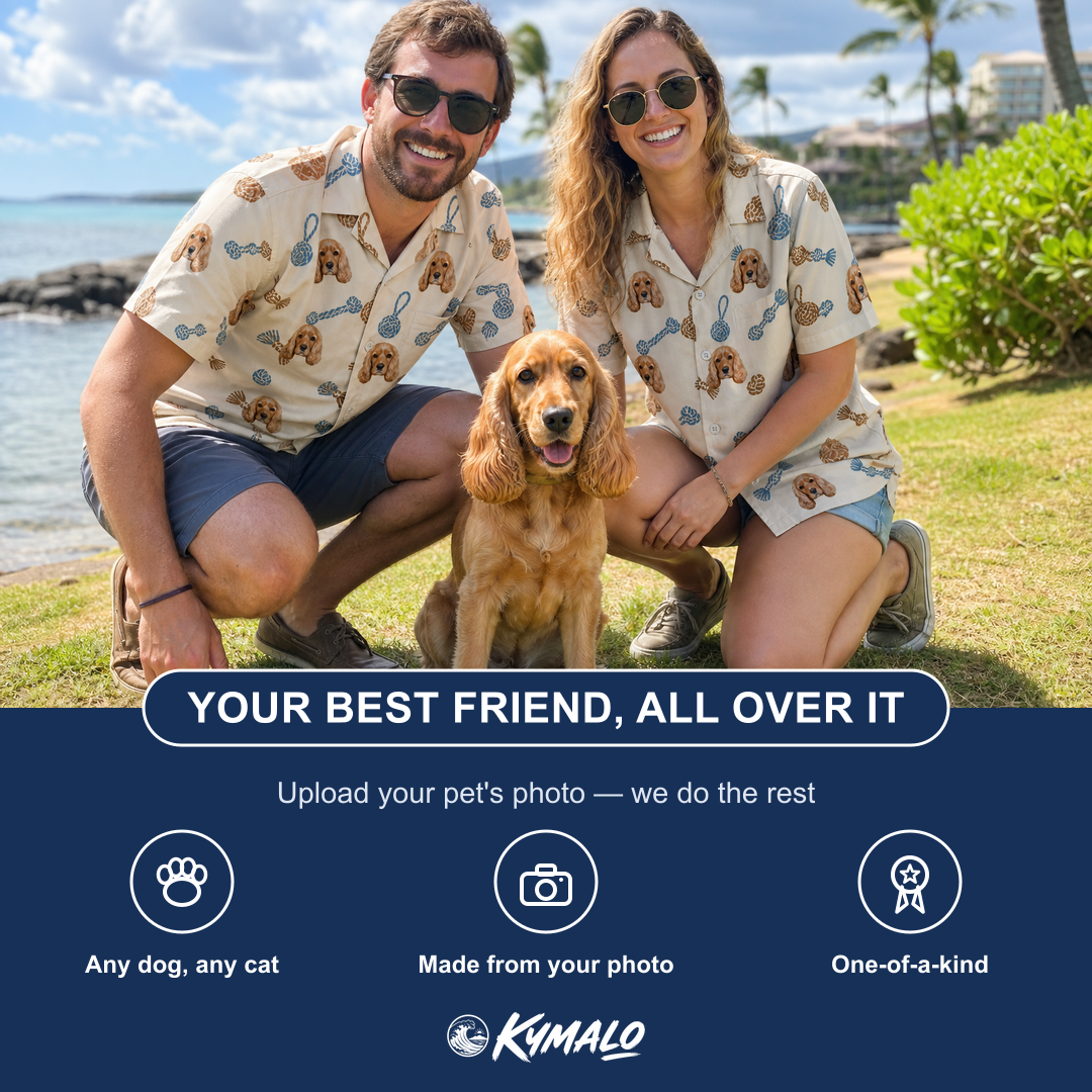 Friends in matching Men's Knotty Companions Custom Dog Face Hawaiian Shirt — a group gift photo