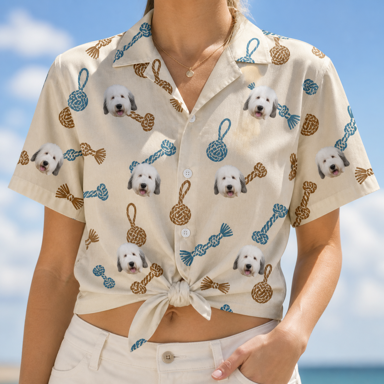 Woman wearing Women's Knotty Companions Custom Dog Face Hawaiian Shirt tied at the waist