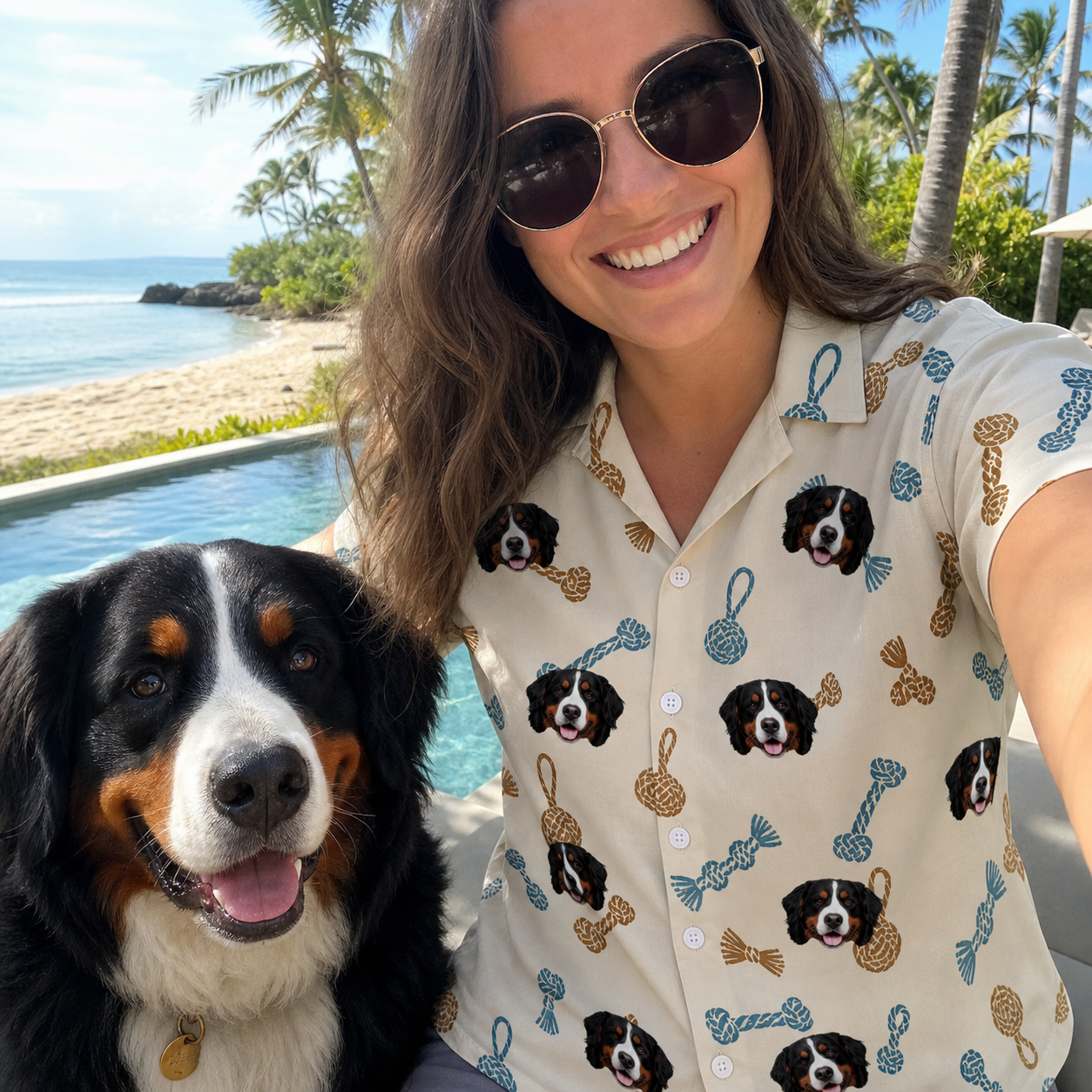 Selfie with the pet whose face is printed all over this Women's Knotty Companions Custom Dog Face Hawaiian Shirt