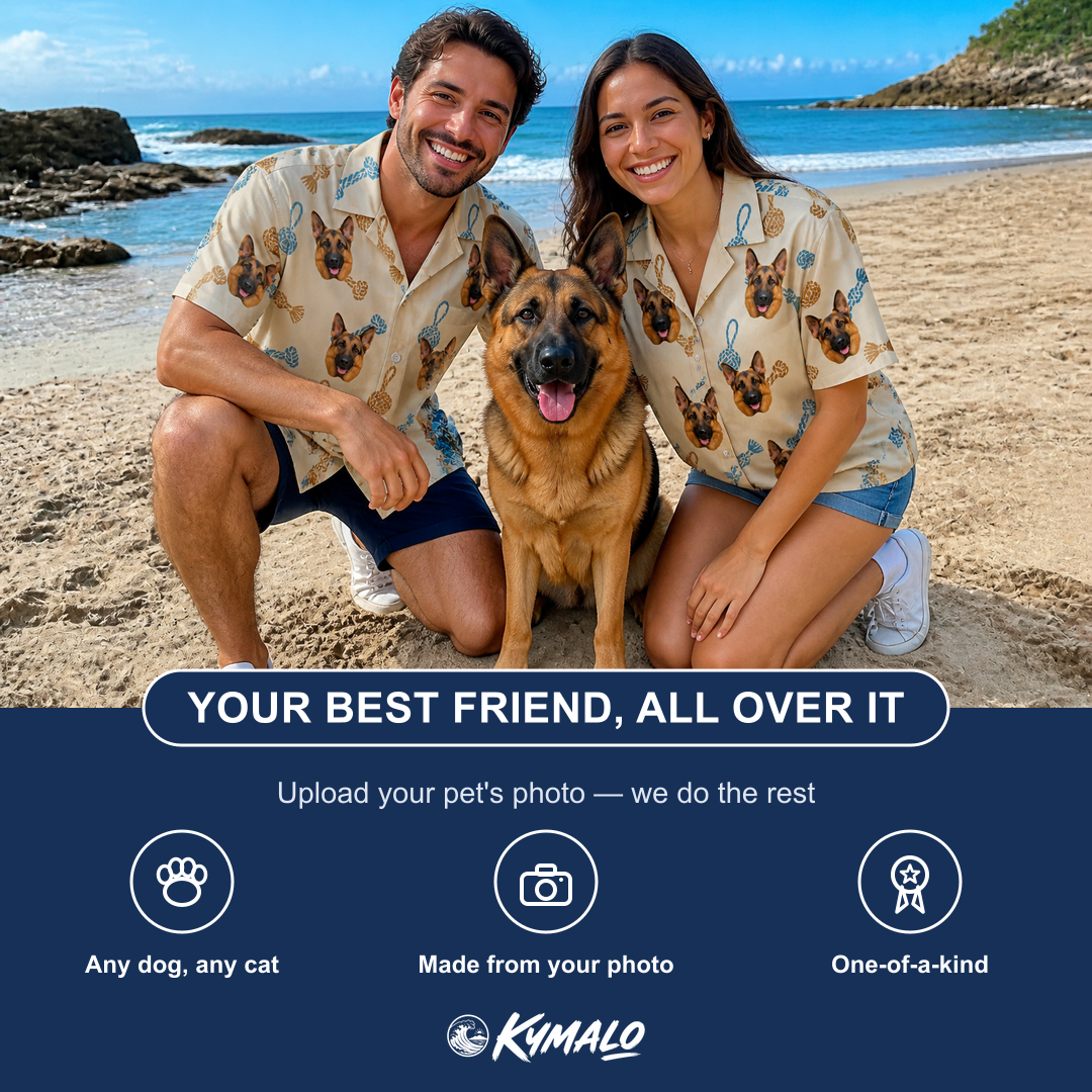 Friends in matching Women's Knotty Companions Custom Dog Face Hawaiian Shirt — a group gift photo