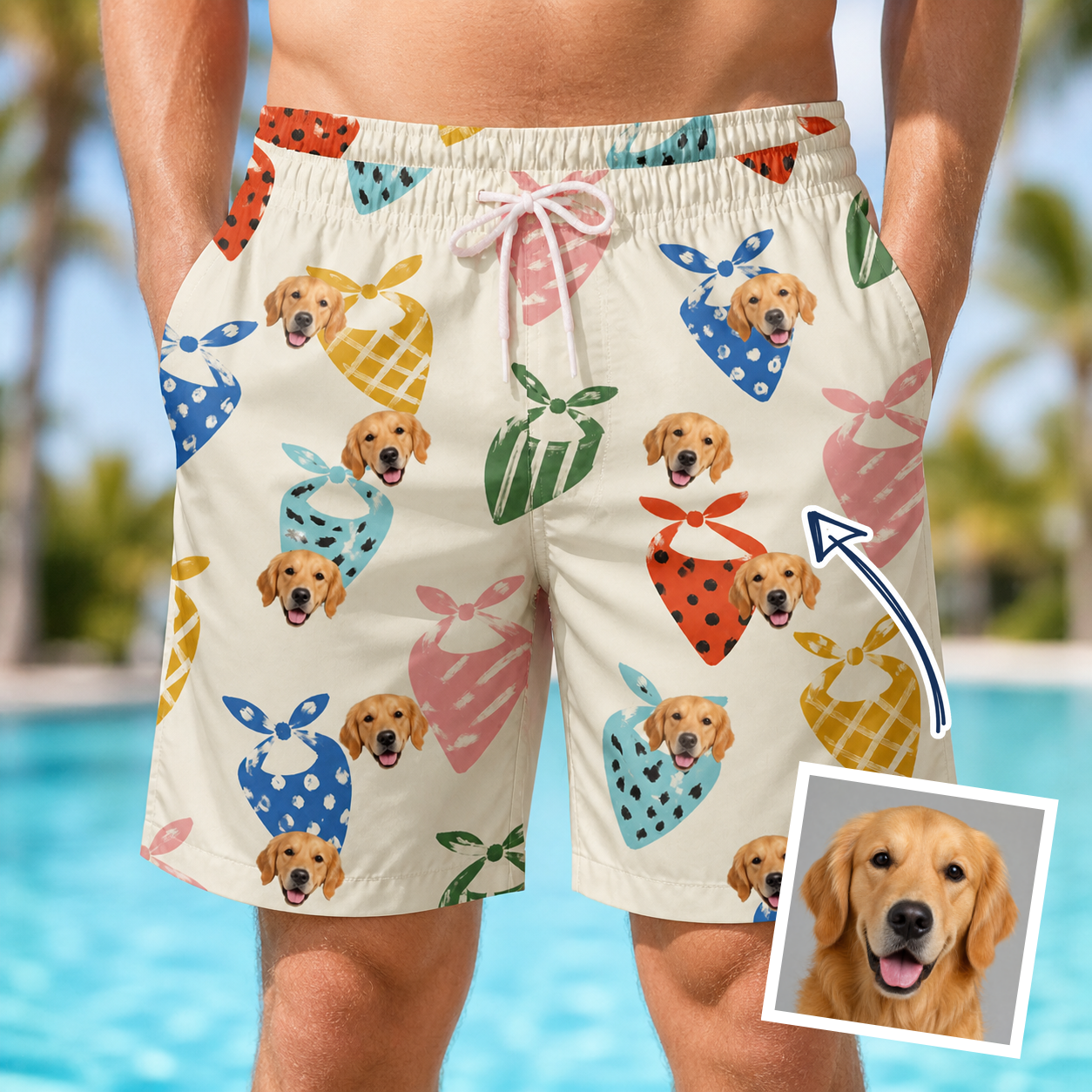 Man wearing Men's Bandana Banter Custom Dog Face Beach Shorts — custom faces printed all-over