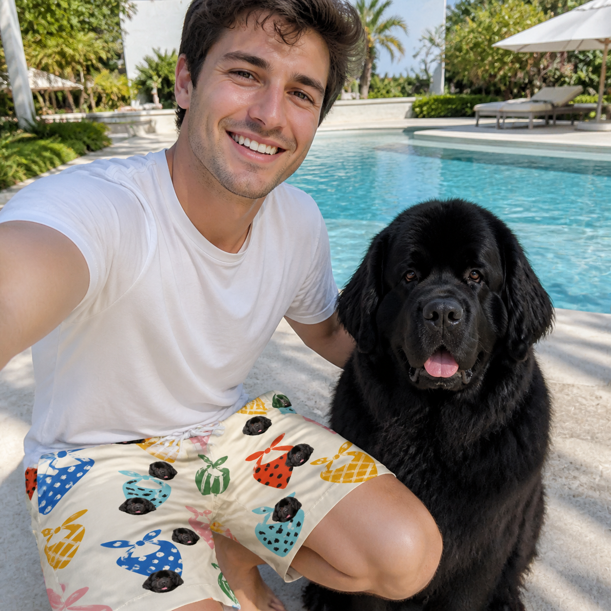 Selfie with the pet whose face is printed all over this Men's Bandana Banter Custom Dog Face Beach Shorts