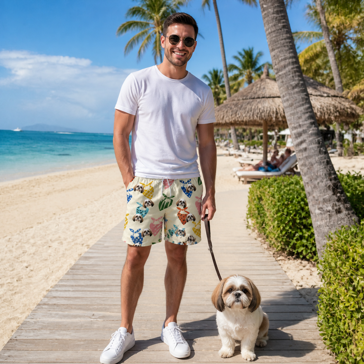 Full-length photo with the pet printed all over this Men's Bandana Banter Custom Dog Face Beach Shorts