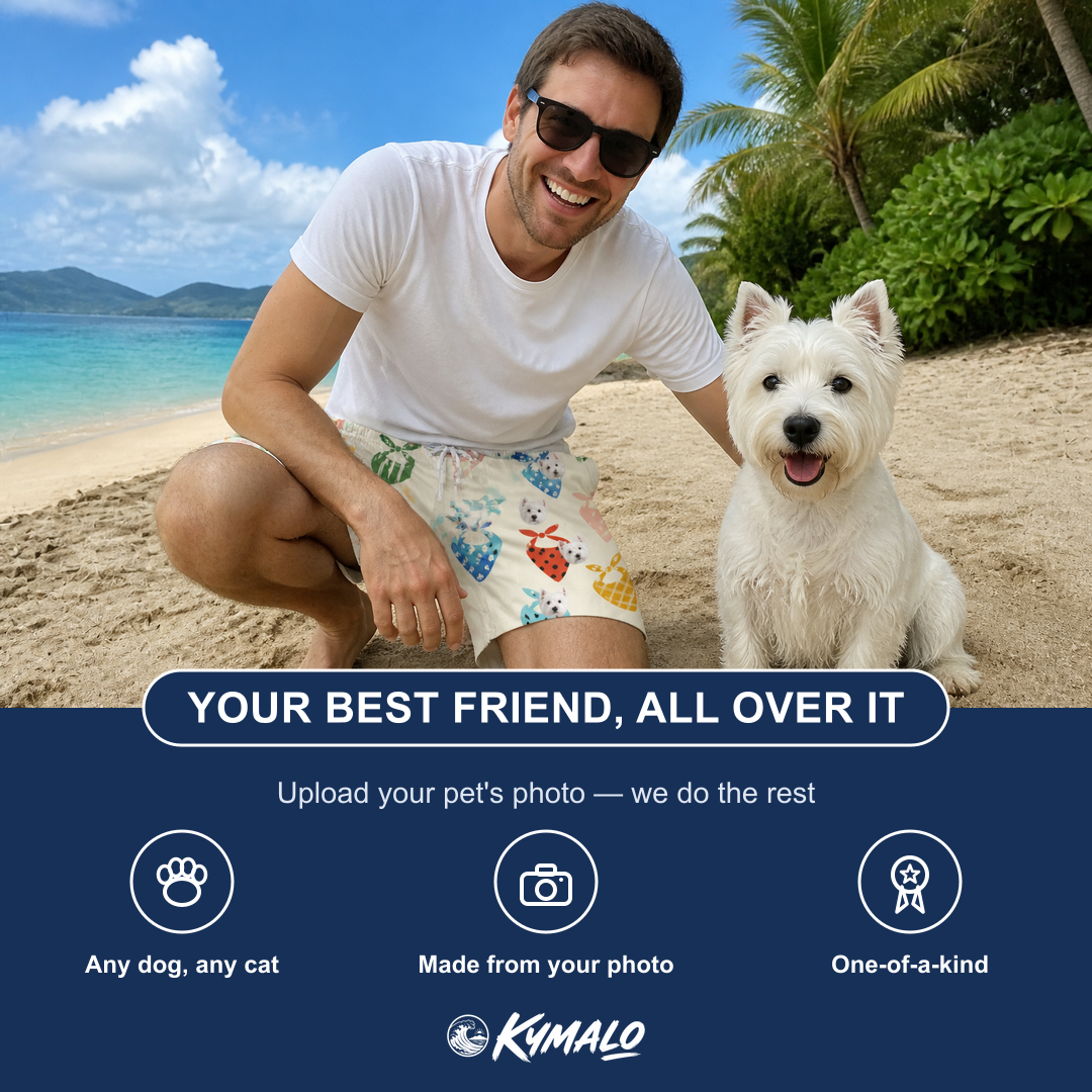Friends in matching Men's Bandana Banter Custom Dog Face Beach Shorts — a group gift photo