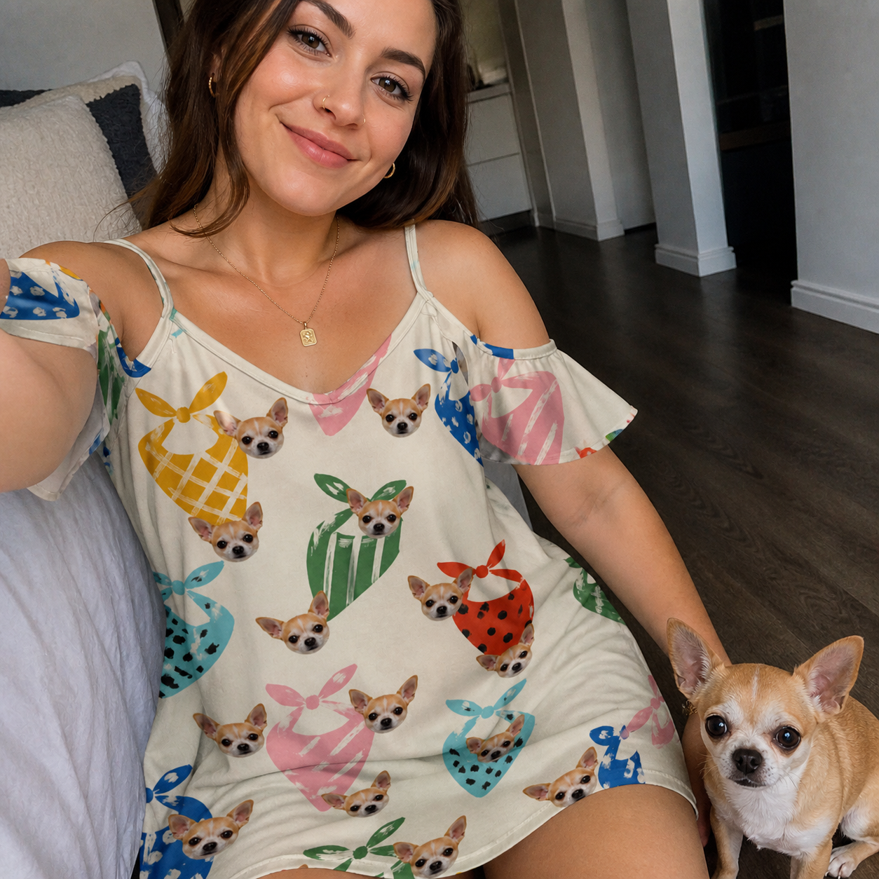 Selfie with the pet whose face is printed all over this Women's Bandana Banter Custom Dog Face Off-Shoulder Dress