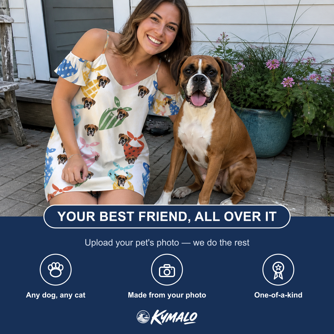 Friends in matching Women's Bandana Banter Custom Dog Face Off-Shoulder Dress — a group gift photo