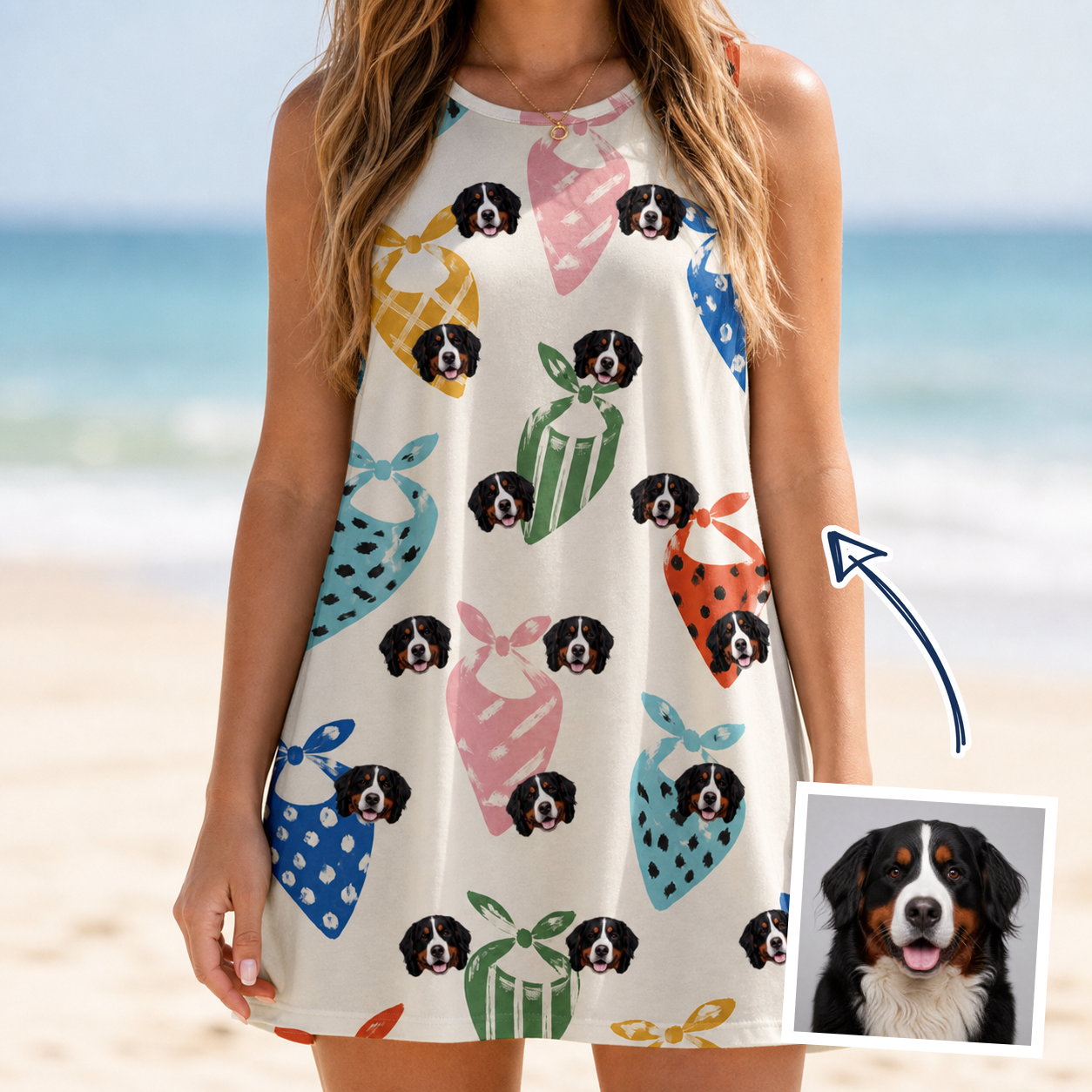Woman wearing Women's Bandana Banter Custom Dog Face Tank Dress — custom faces printed all-over