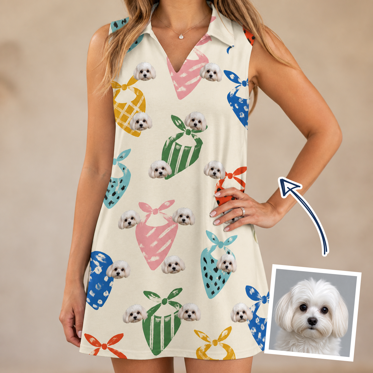 Woman wearing Women's Bandana Banter Custom Dog Face V-Neck Dress — custom faces printed all-over