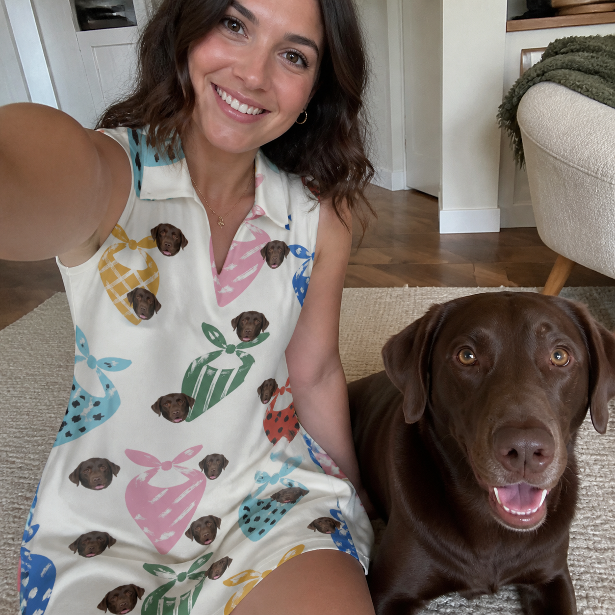 Selfie with the pet whose face is printed all over this Women's Bandana Banter Custom Dog Face V-Neck Dress