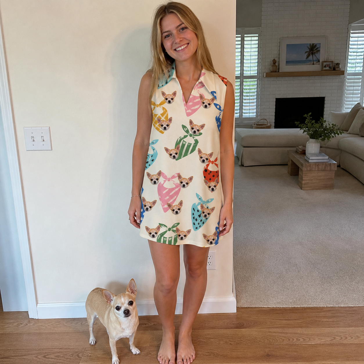 Full-length photo with the pet printed all over this Women's Bandana Banter Custom Dog Face V-Neck Dress