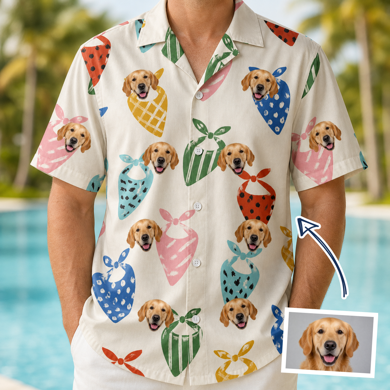 Man wearing Men's Bandana Banter Custom Dog Face Hawaiian Shirt — custom faces printed all-over