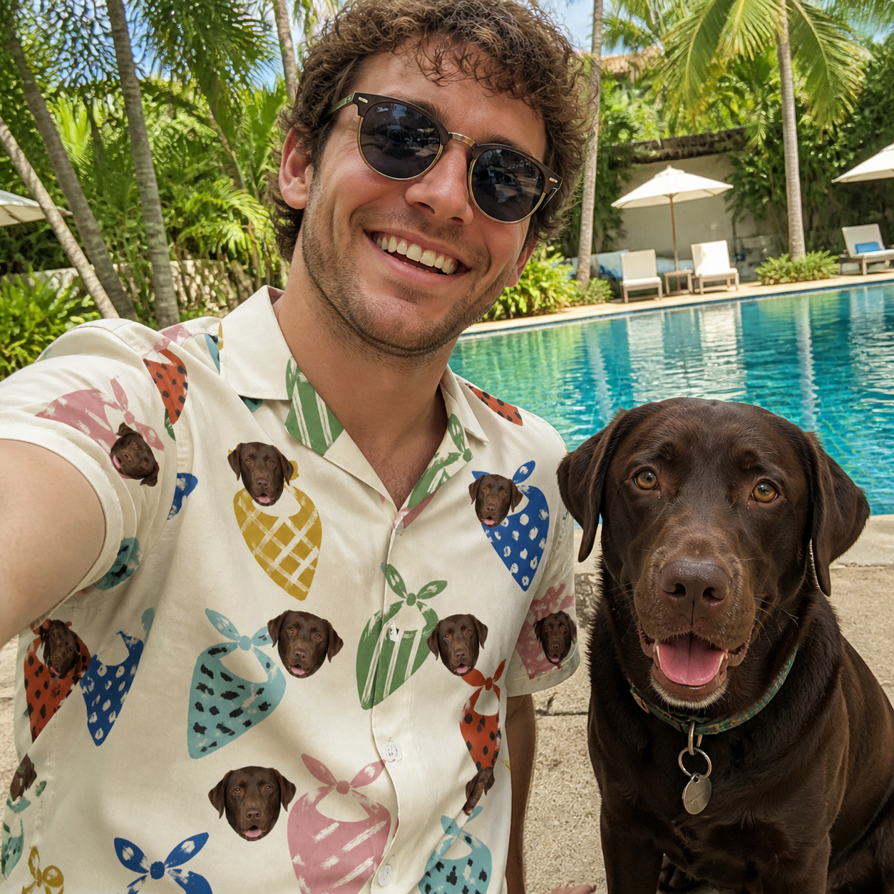Selfie with the pet whose face is printed all over this Men's Bandana Banter Custom Dog Face Hawaiian Shirt