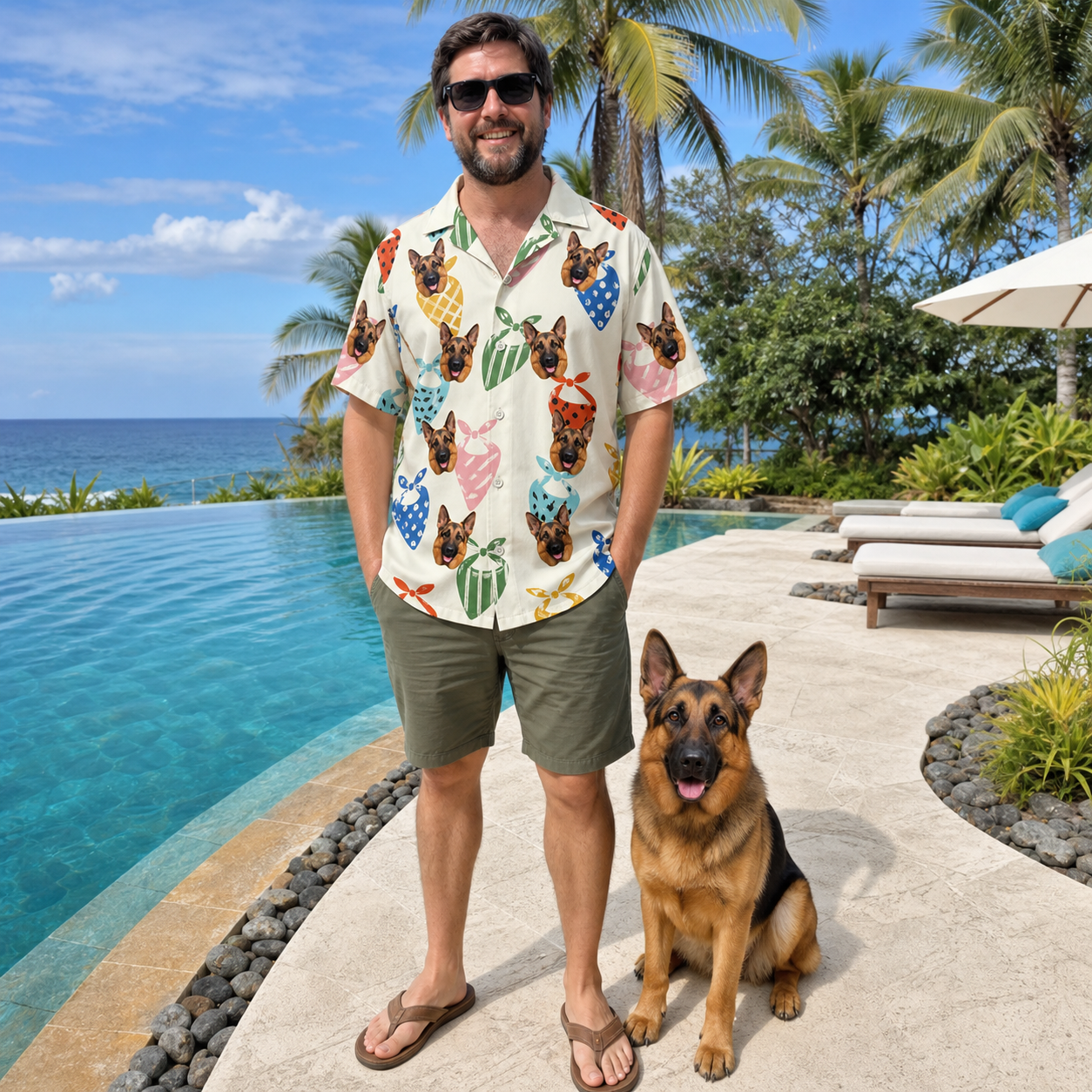 Full-length photo with the pet printed all over this Men's Bandana Banter Custom Dog Face Hawaiian Shirt