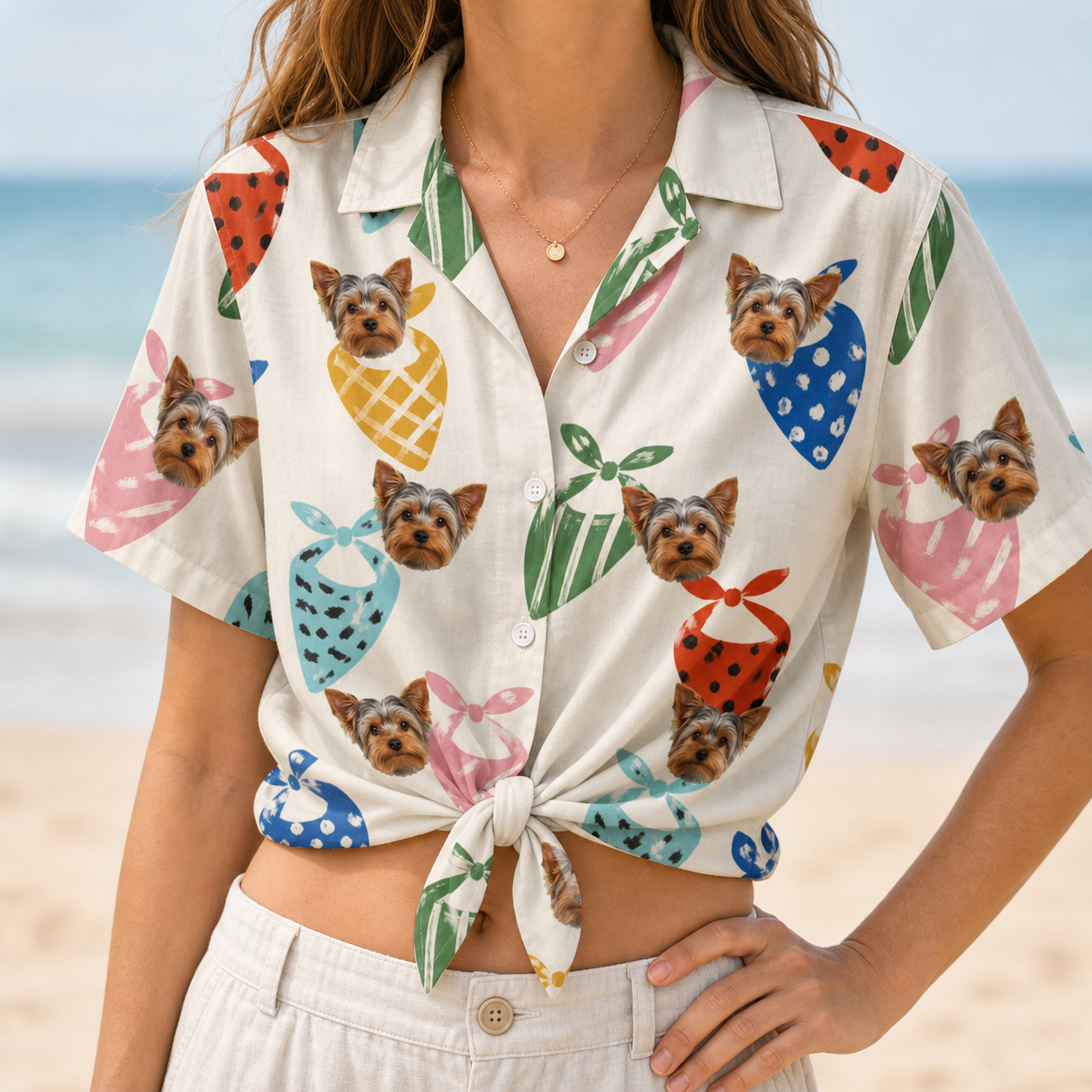 Woman wearing Women's Bandana Banter Custom Dog Face Hawaiian Shirt tied at the waist