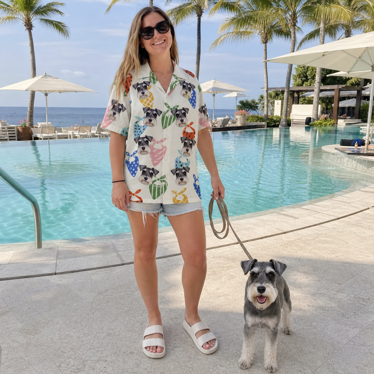 Full-length photo with the pet printed all over this Women's Bandana Banter Custom Dog Face Hawaiian Shirt